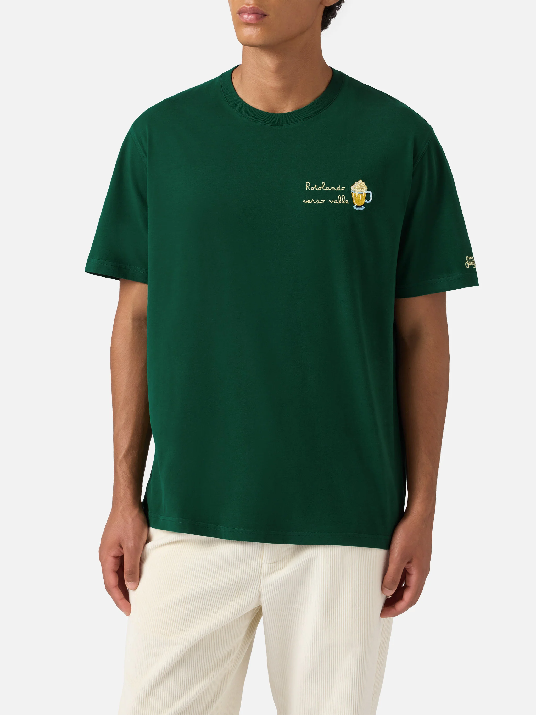 Arnott warm-touch cotton T-shirt in green with Rotolando verso valle embroidery - Image 2