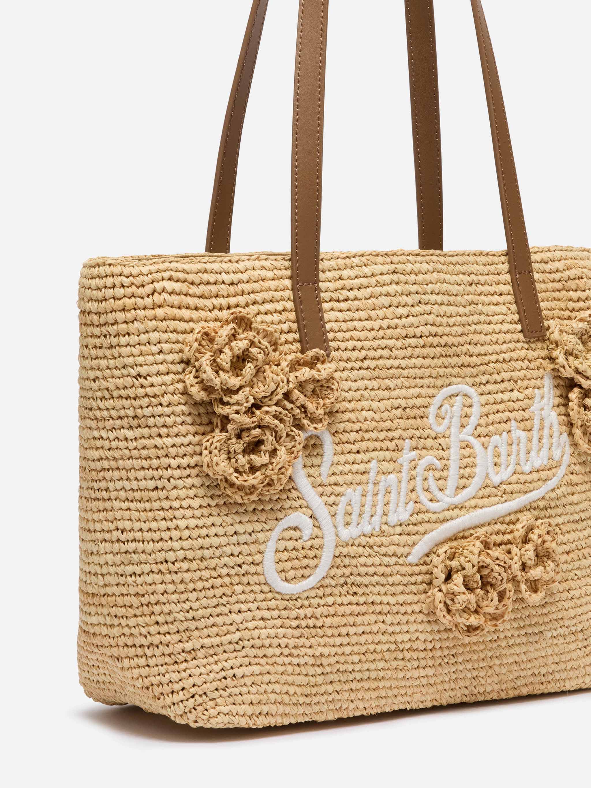 Beige Raffia City Mid bag with appliqué flowers - Image 3