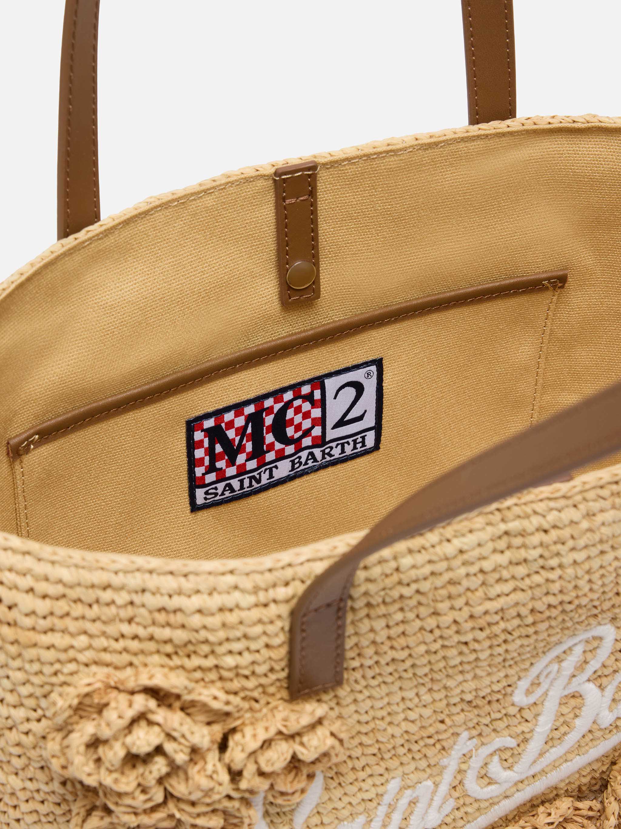 Beige Raffia City Mid bag with appliqué flowers - Image 5