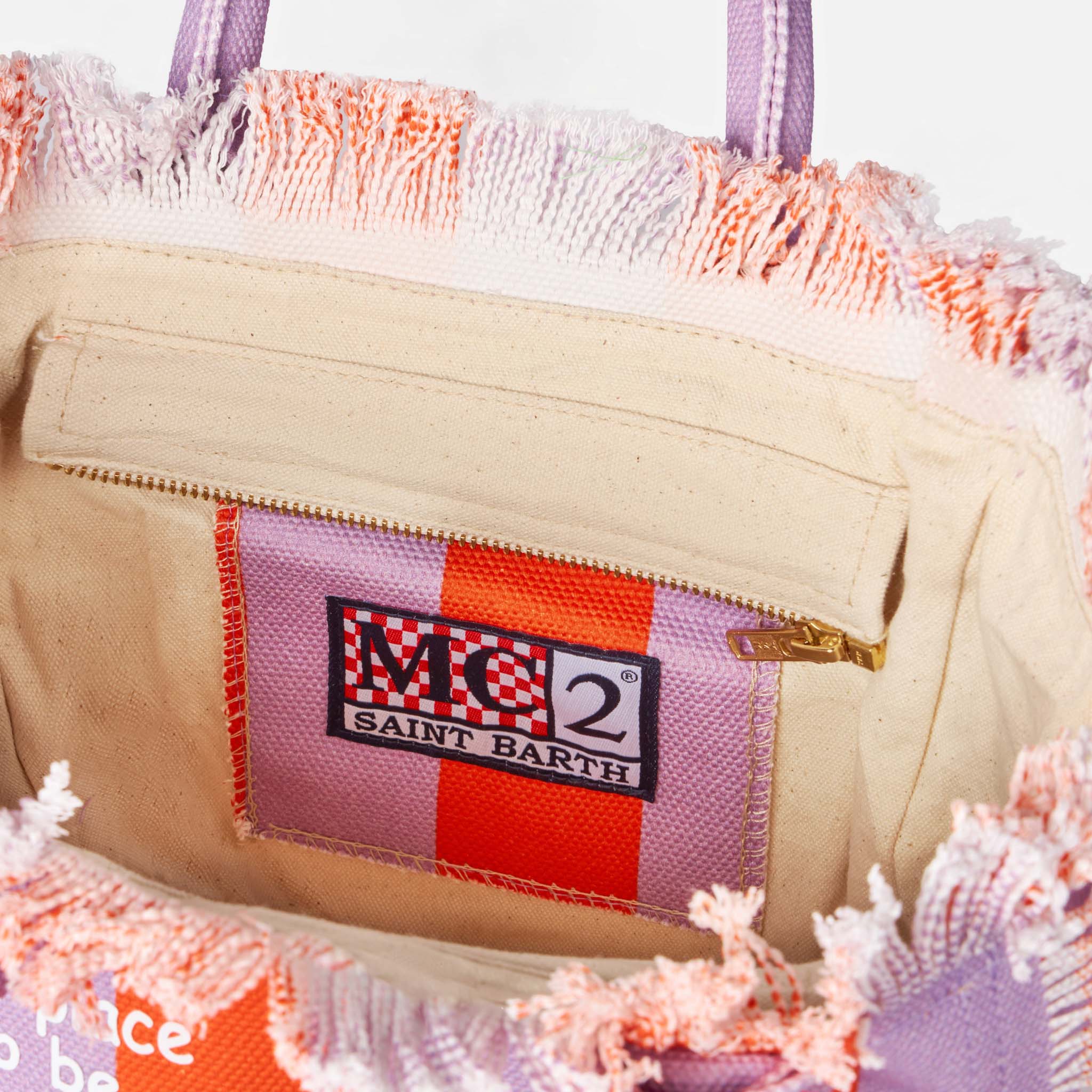 Colette cotton canvas handbag with lilac and red stripes - Image 5