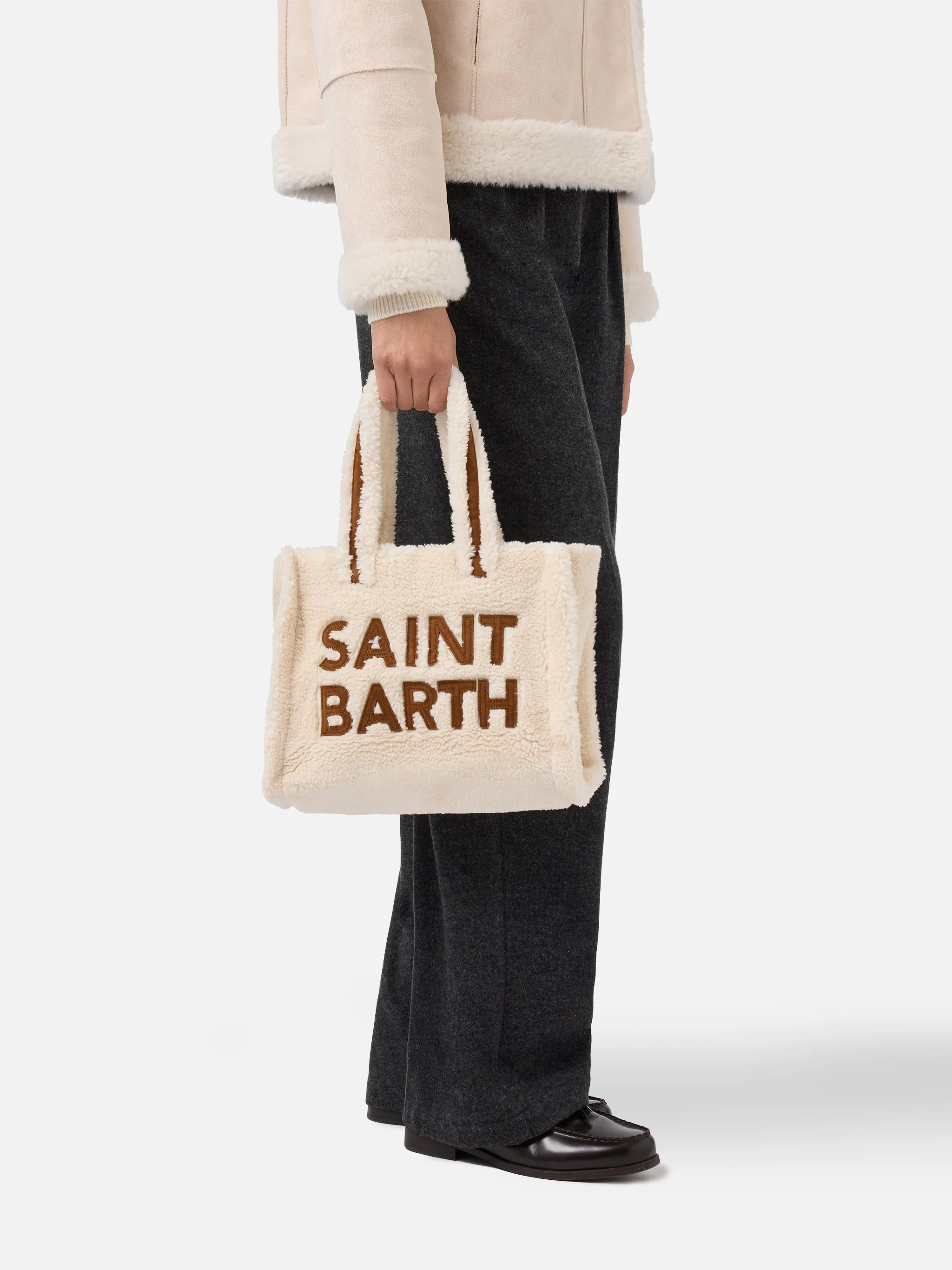 Colette Teddy Handbag in white sherpa with maxi logo - Image 2