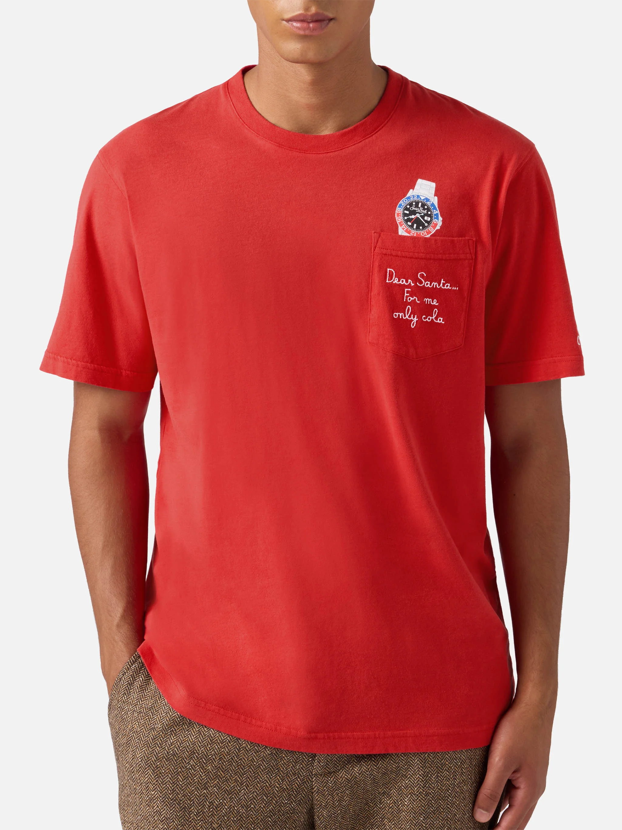 Connor winter cotton T-shirt in red with Dear Santa... pocket embroidery - Image 2