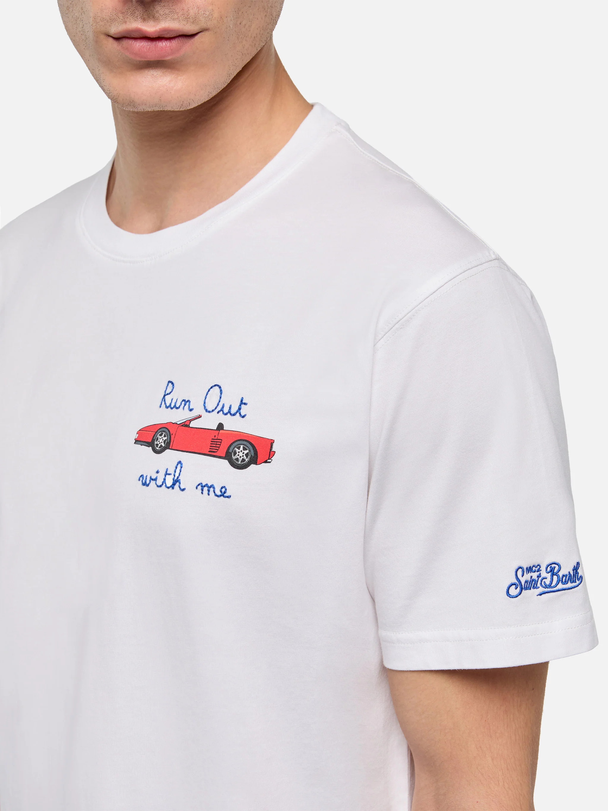 Cotton T-shirt with car print and Run out with me embroidery - Image 2