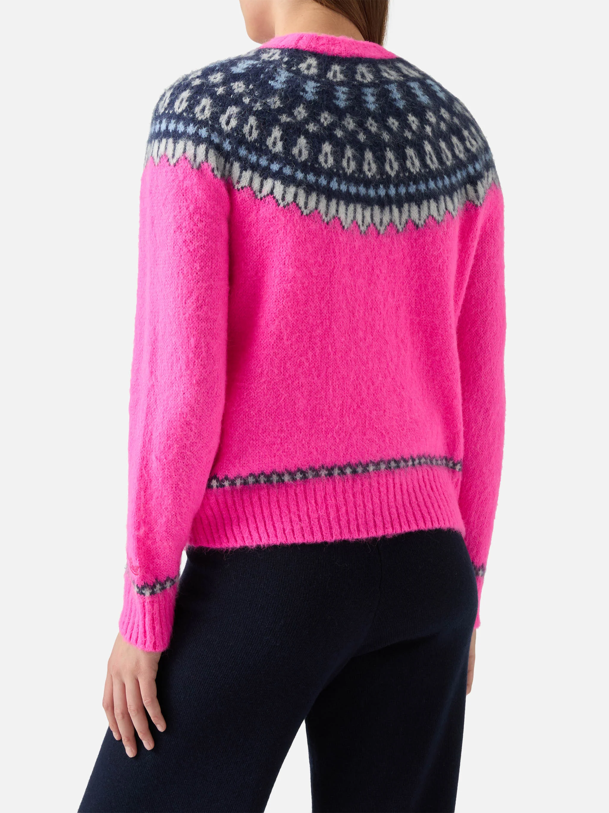Fluo pink crewneck New Queen Nordic Soft with fair isle jacquard and It's cold embroidery - Image 3