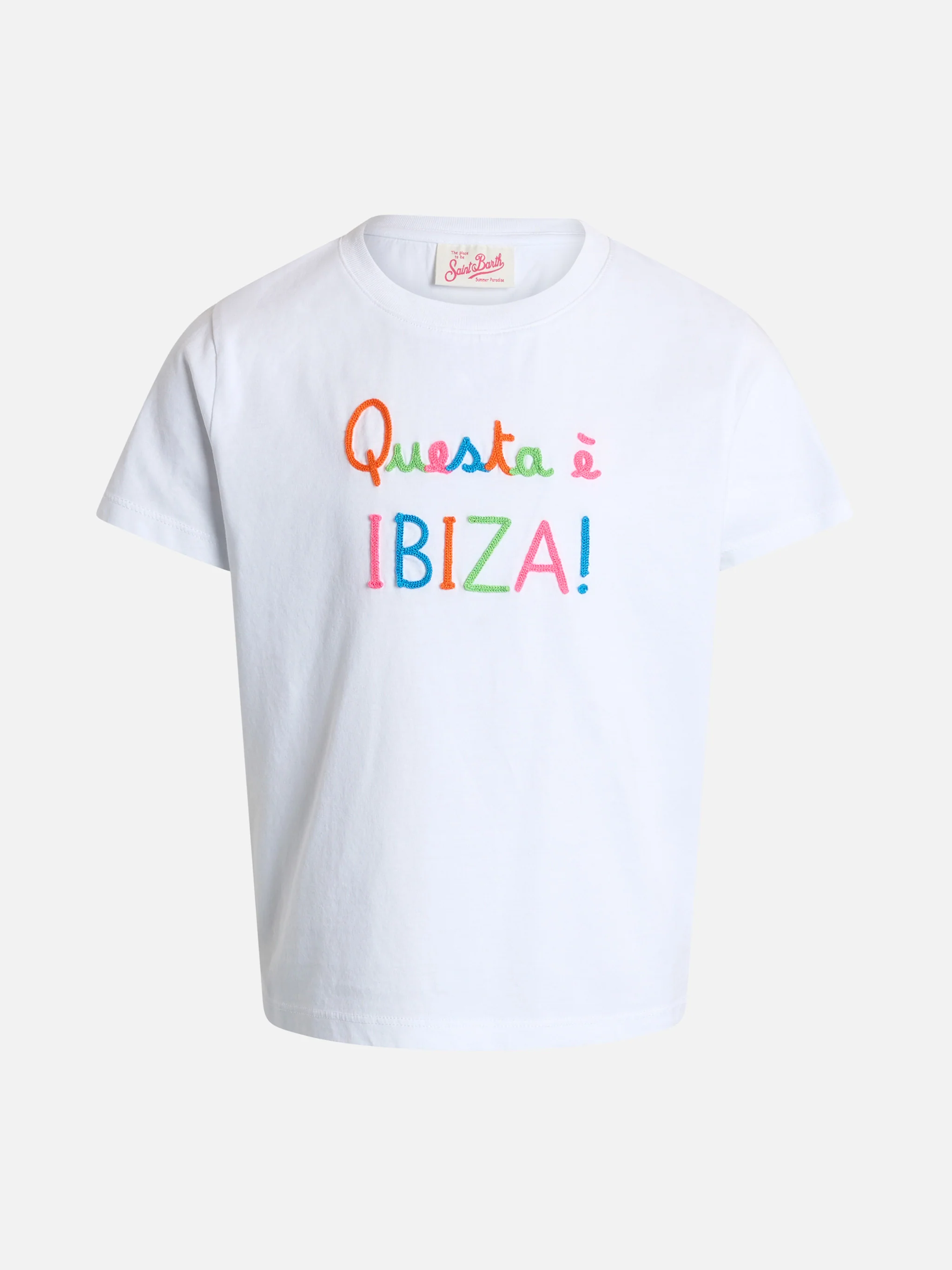 Girl cotton jersey crewneck t-shirt Elly with Questa è Ibiza embroidery