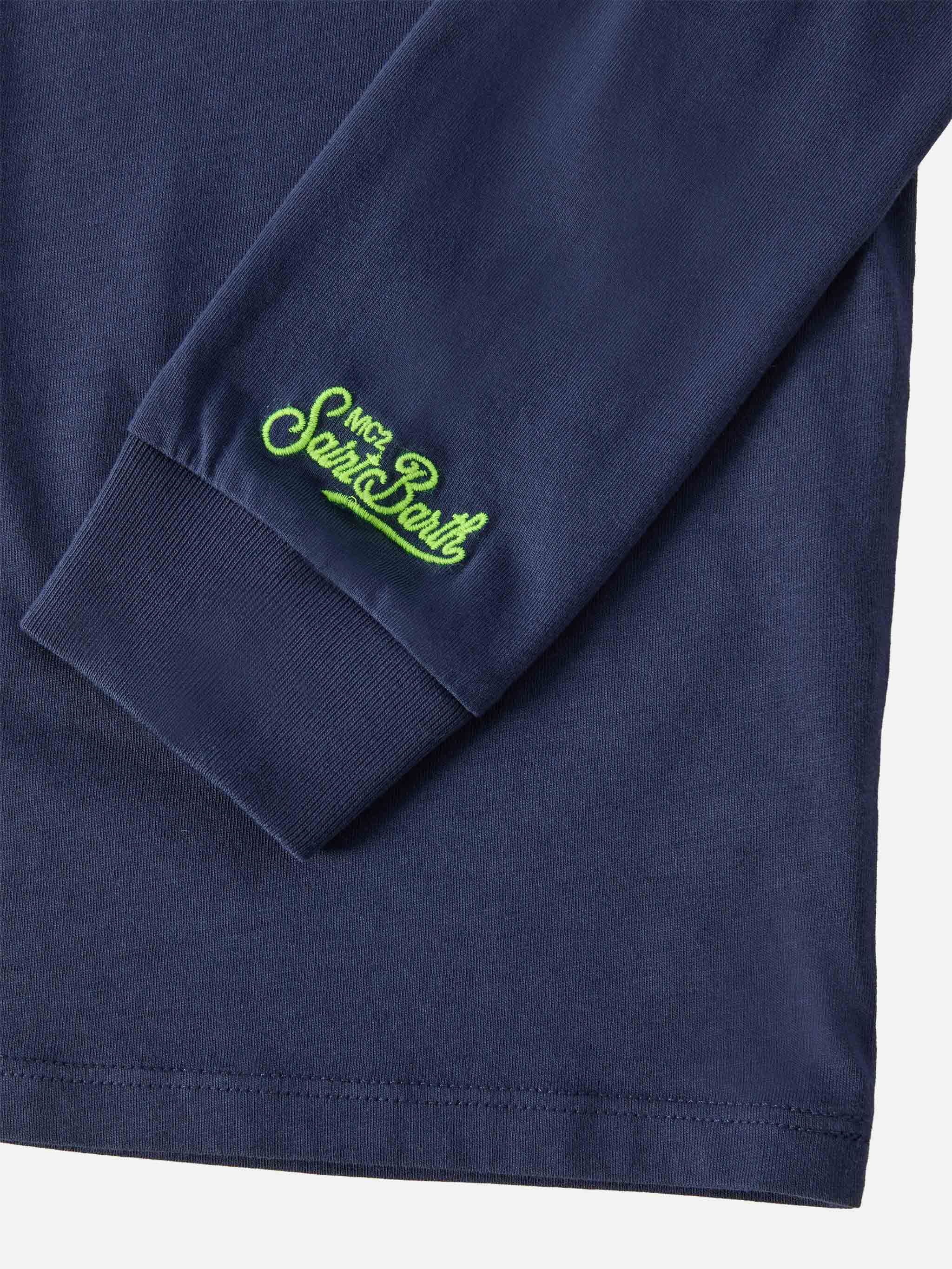 Luton long-sleeve cotton T-shirt in blue with Bello e Monello embroidery - Image 3