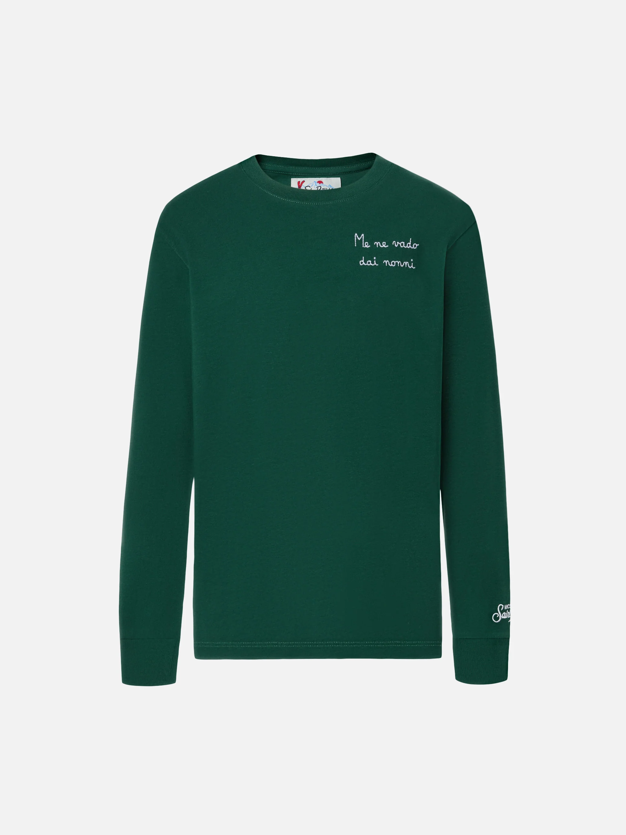Luton long-sleeve cotton T-shirt in green with Me ne vado dai nonni embroidery