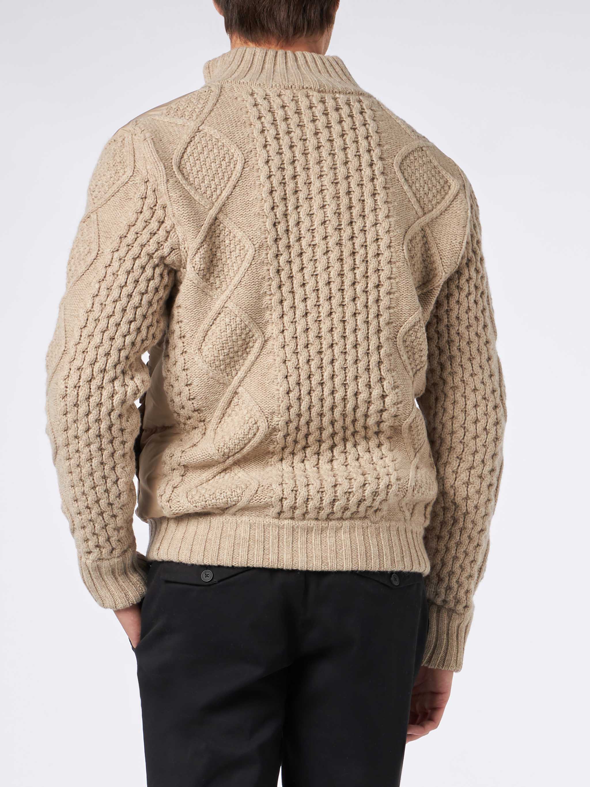Man beige padded jacket with knitted braided sleeves - Image 2