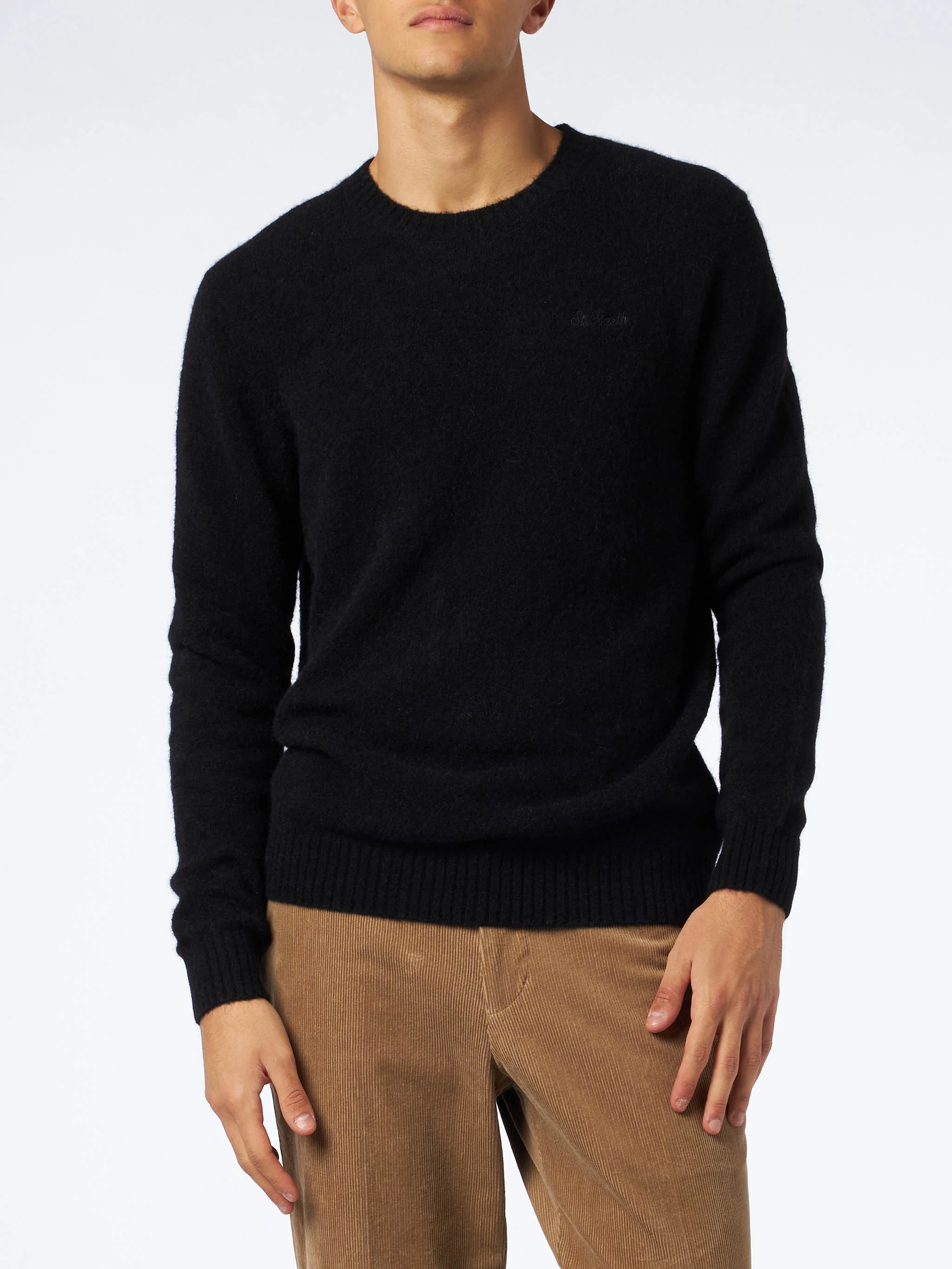 Crewneck sweater Heron in black stretch alpaca with St. Barth embroidery