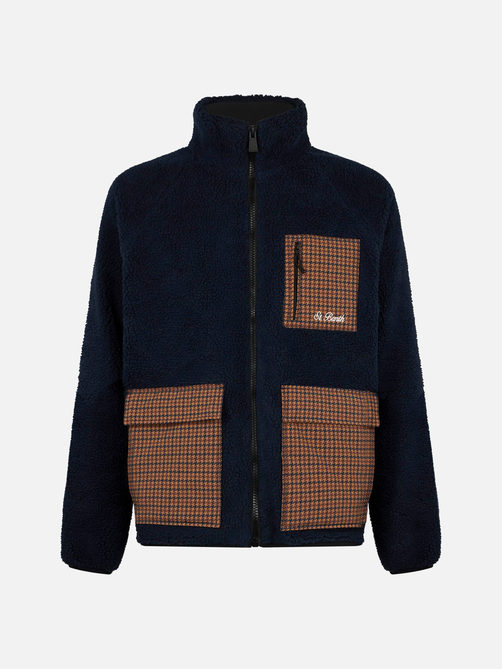 Man blue sherpa jacket with check patch pockets - Image 4