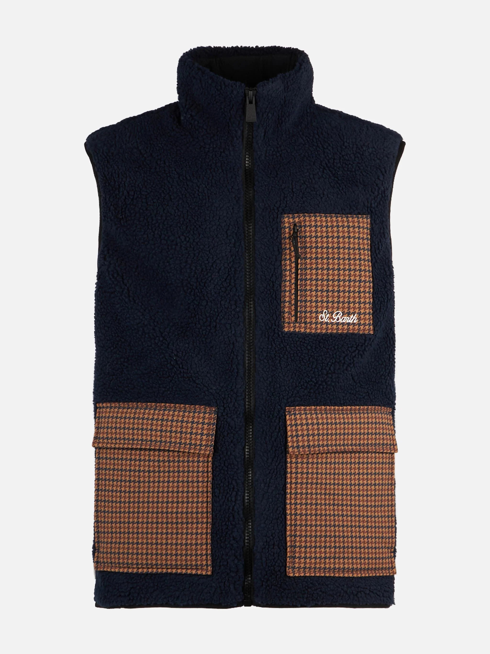 Man blue sherpa vest jacket with check patch pockets - Image 4