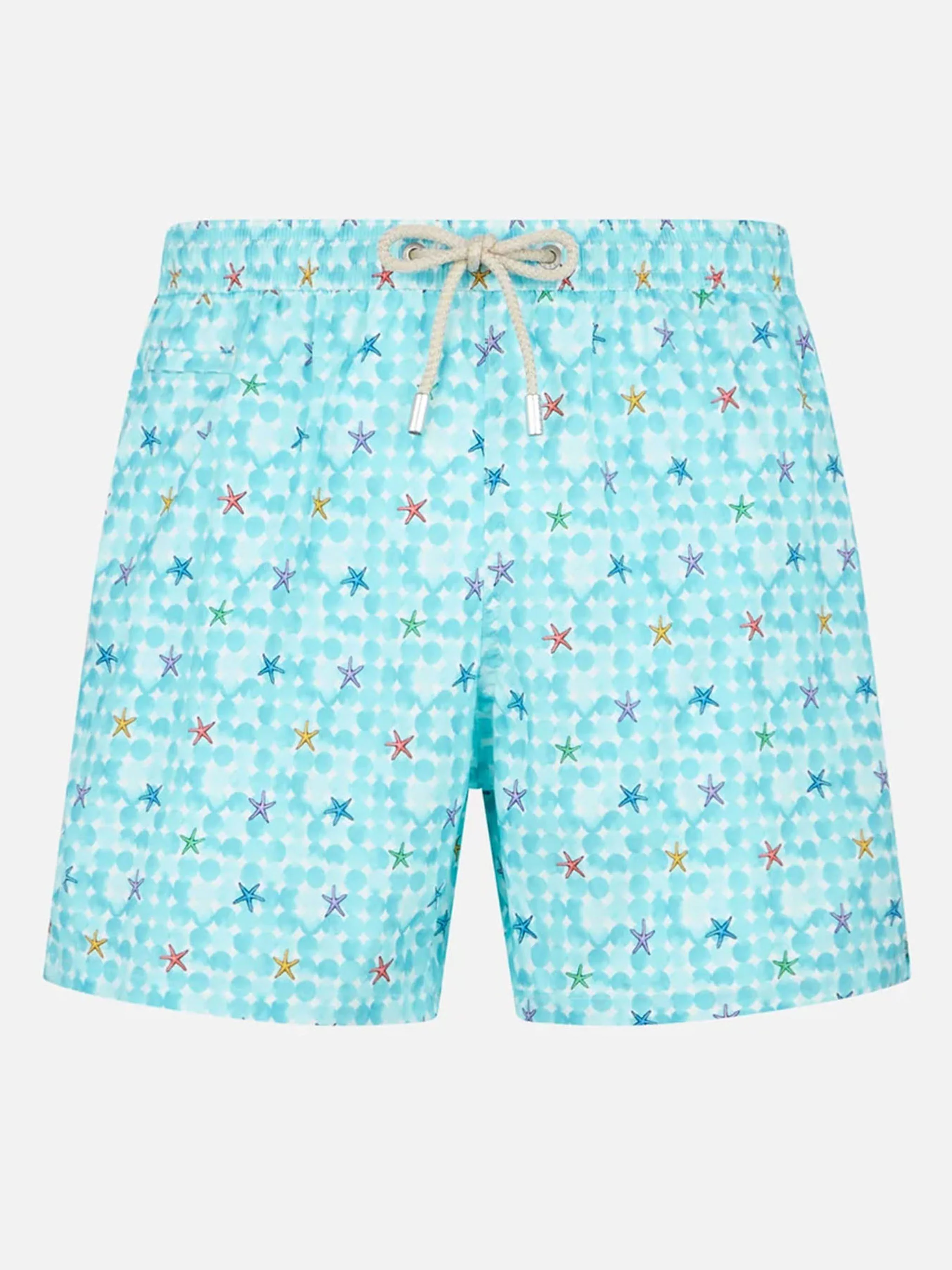 Man stretch fabric comfort swim shorts with sea star print