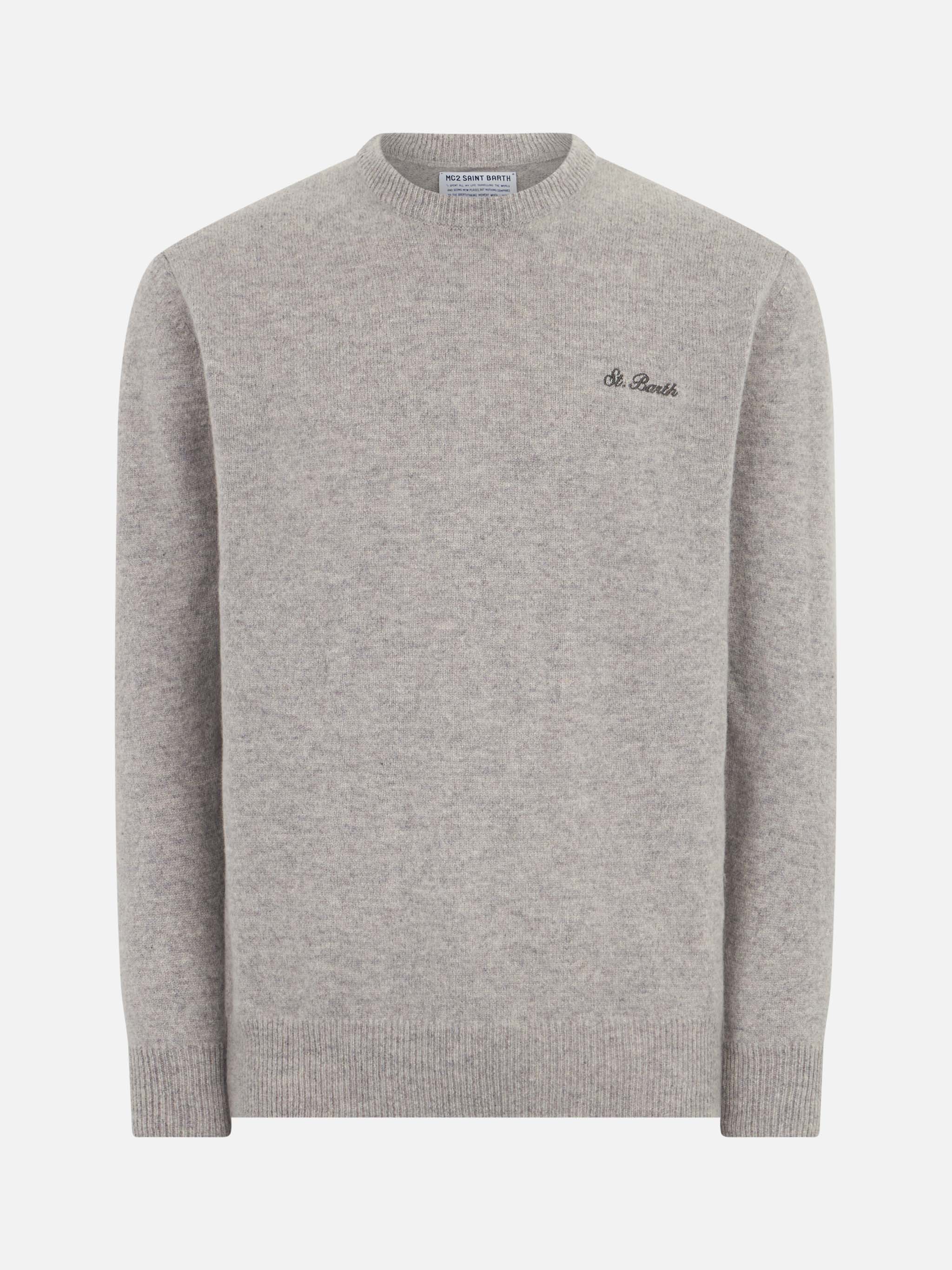 Man crewneck grey melange sweater with St. Barth embroidery - Image 4