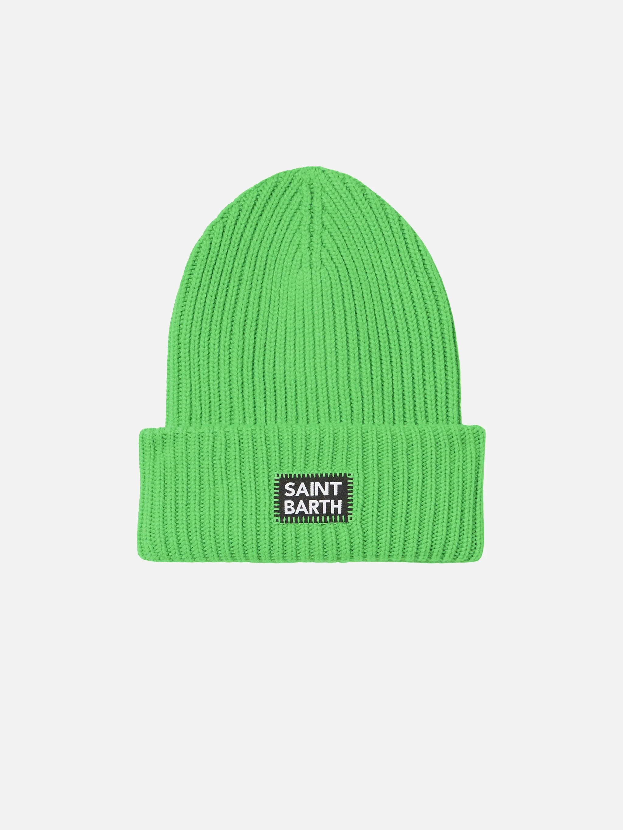 Fluo green ribbed beanie Berry with Saint Barth patch