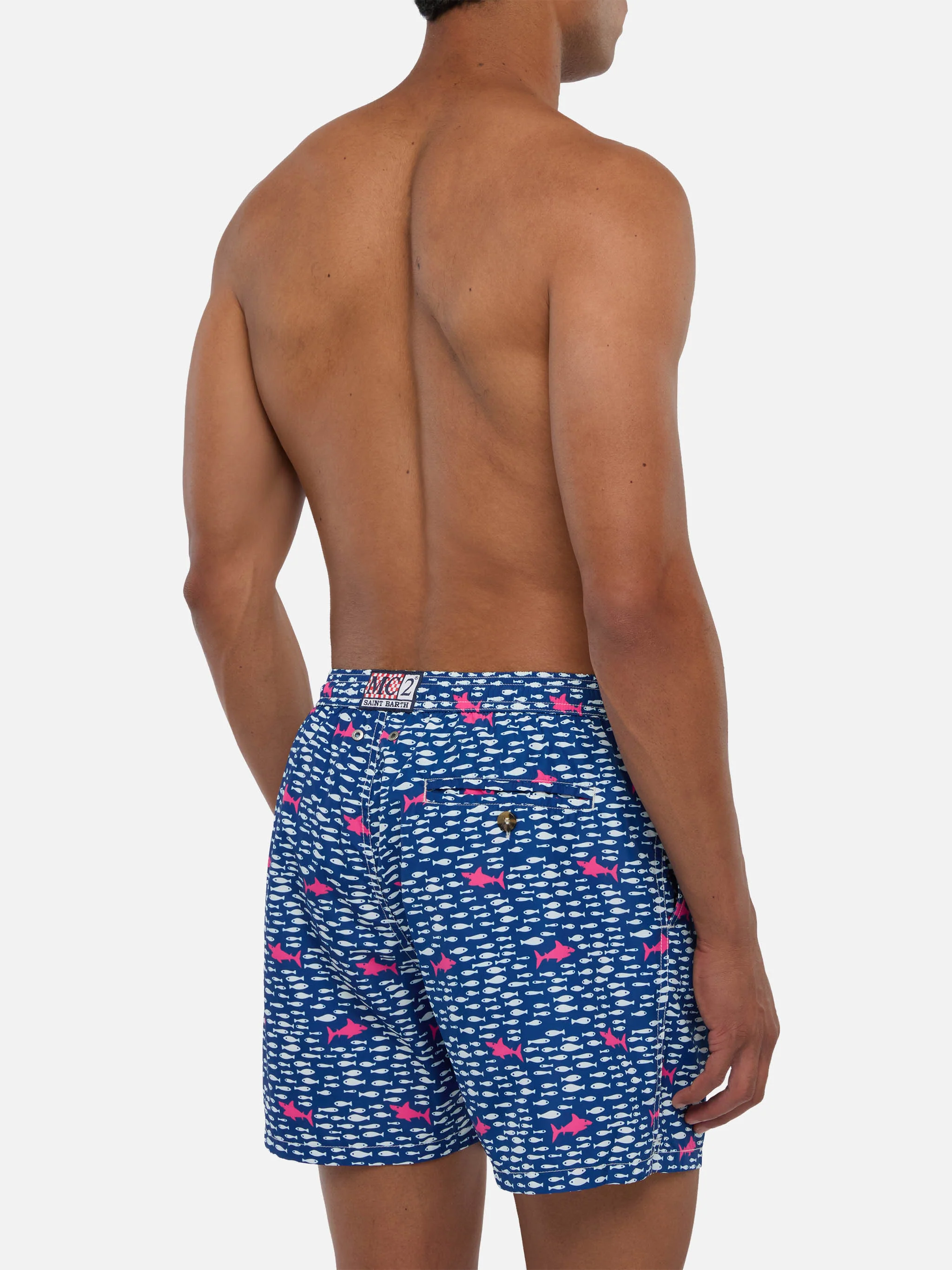 Man light fabric swim shorts with fish and sharks print - Image 5
