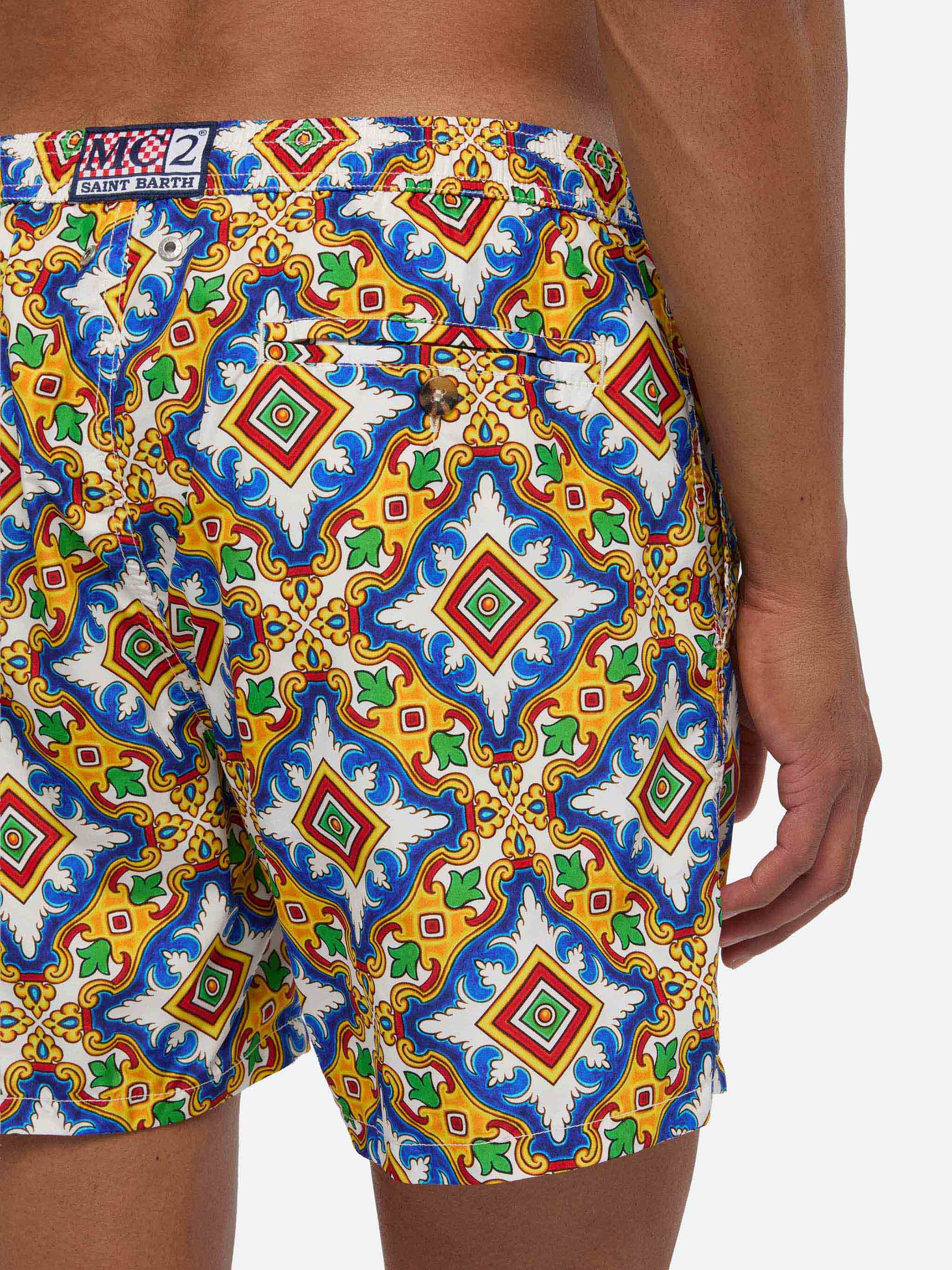 Man light fabric swim shorts with majolica print - Image 6