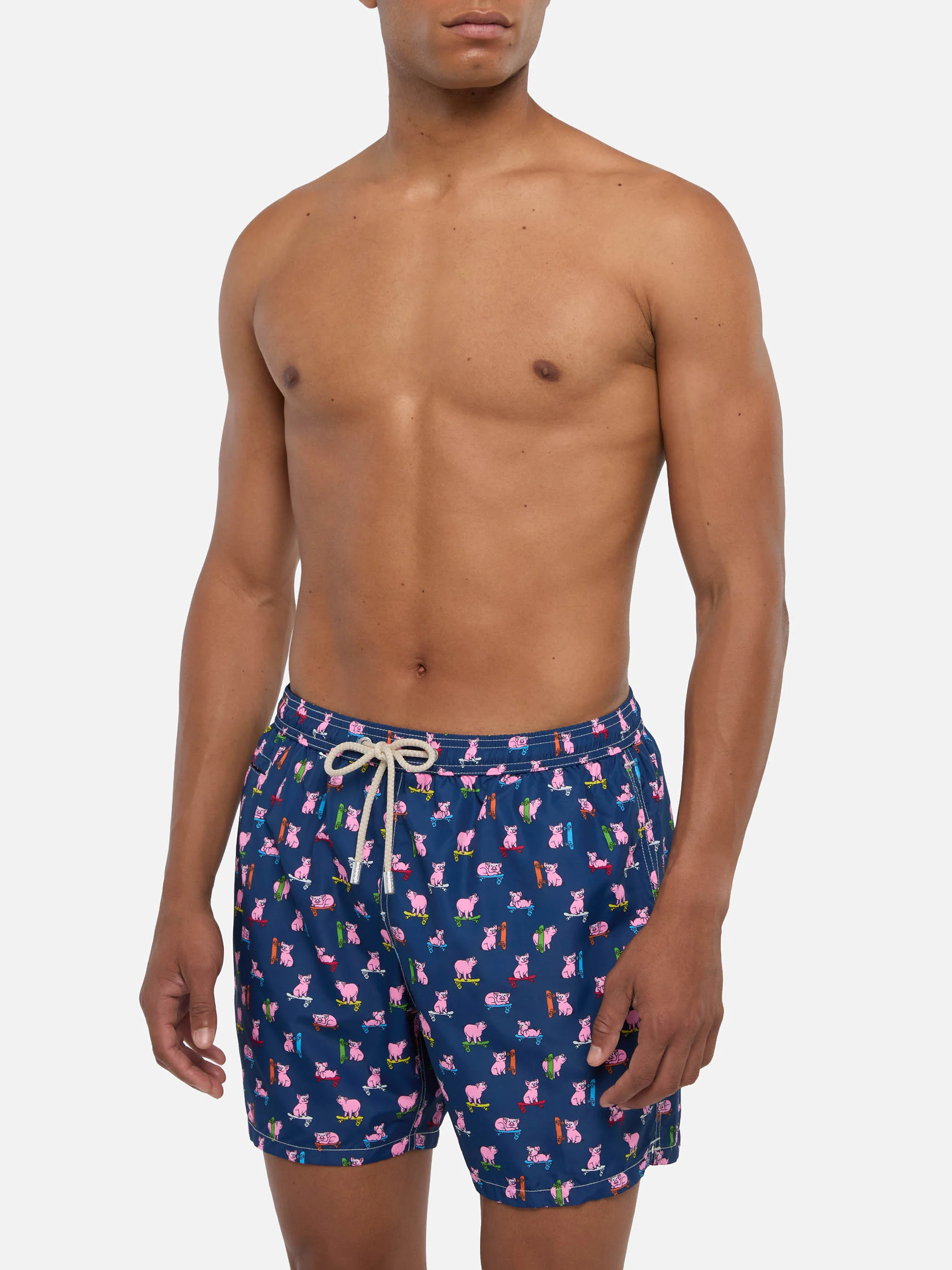 Man light fabric swim shorts with skater pigs print - Image 3