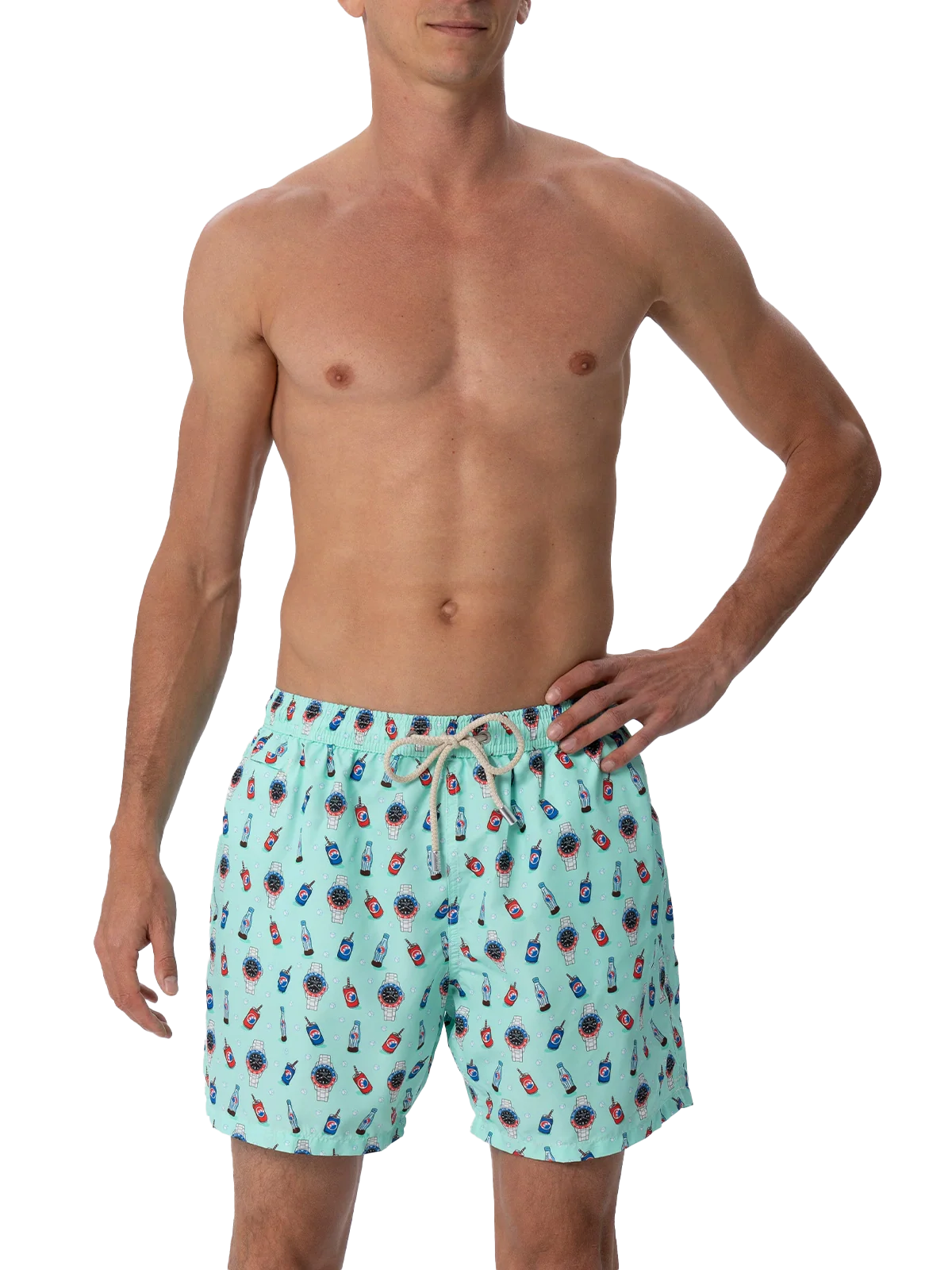 Man lightweight fabric swim-shorts Lighting Micro Fantasy with watches and drinks print - Image 3
