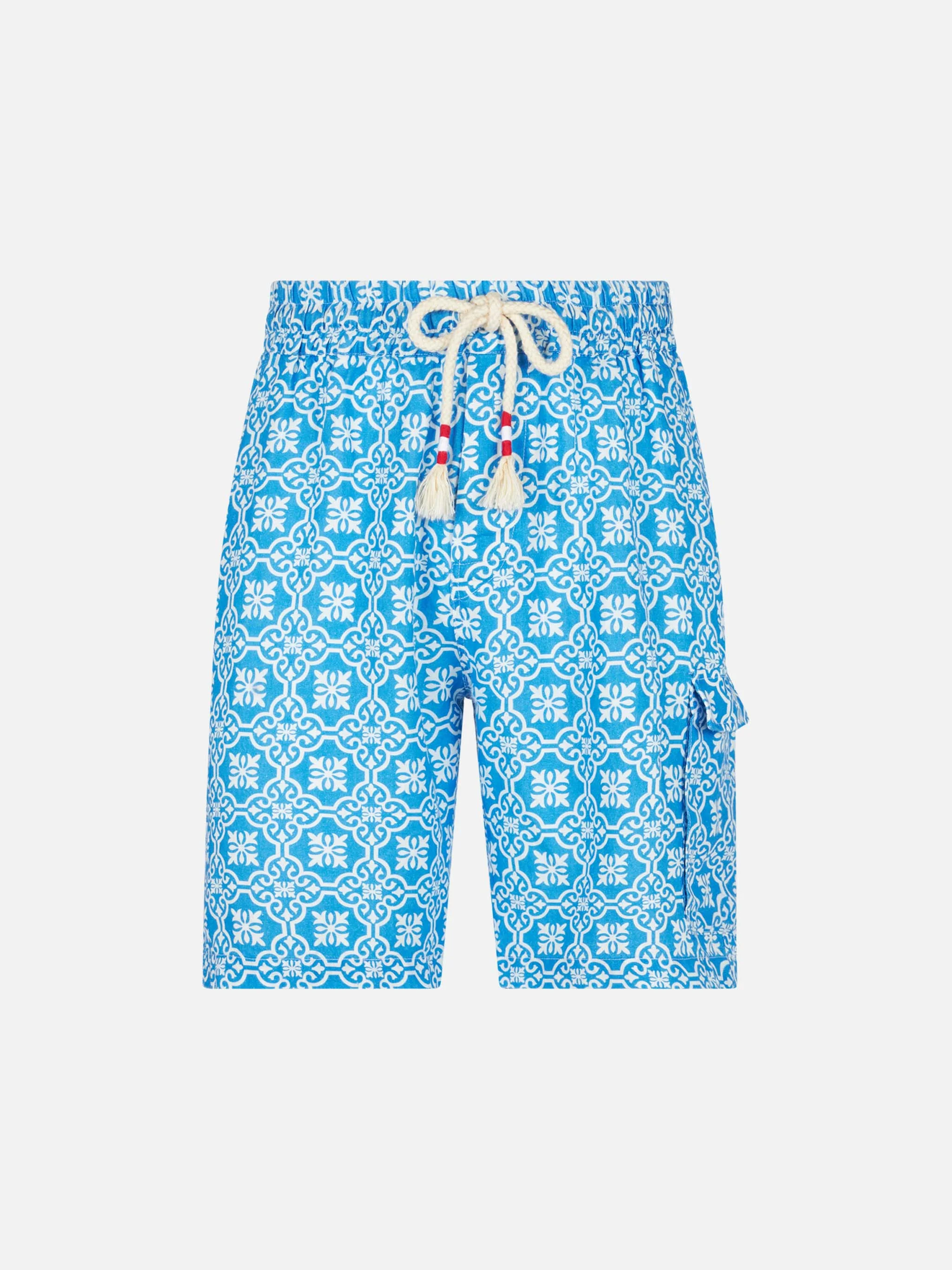 Man linen bermuda shorts with white and light blue majolica print - Image 4