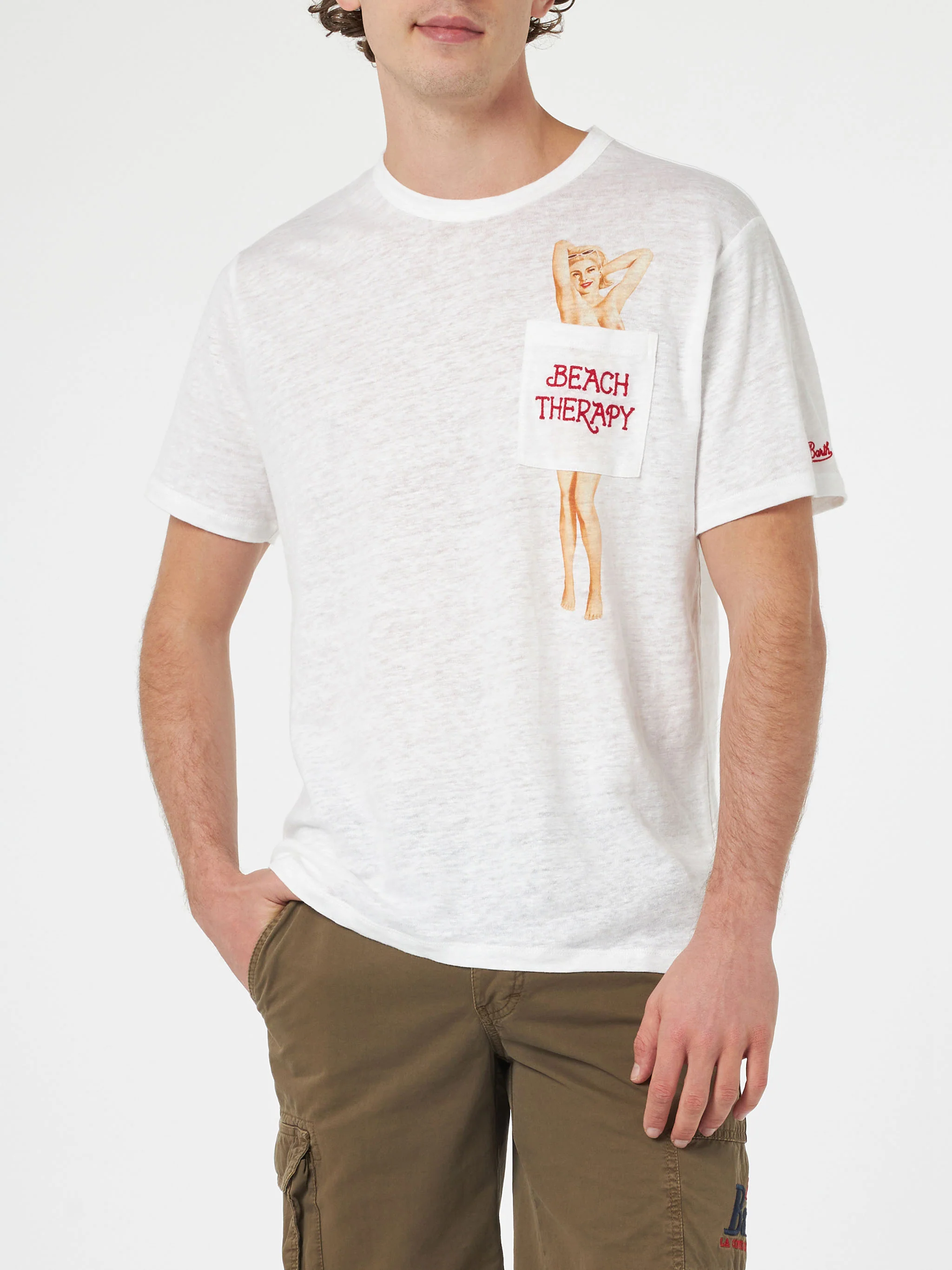 Man linen jersey t-shirt Ecstasea with printed and embroidered pocket - Image 2