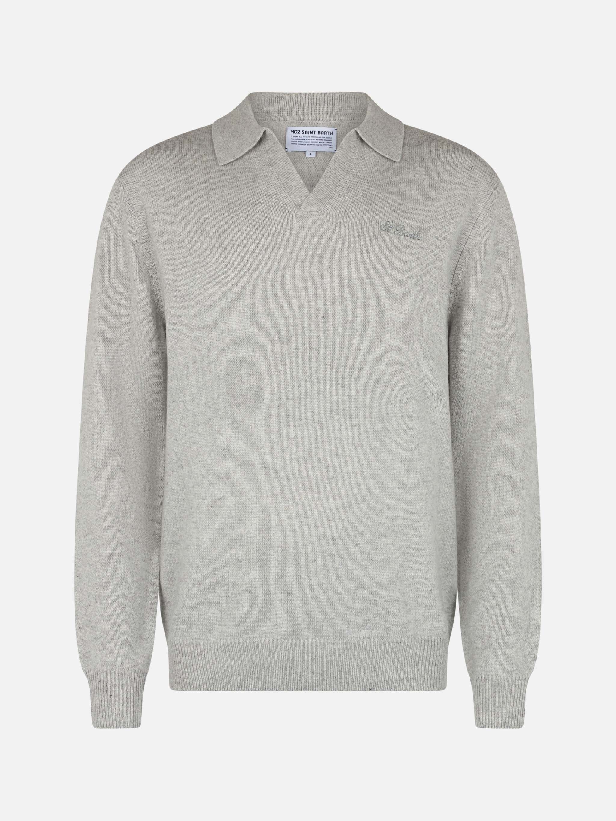 Man mélange grey cashmere blend polo collar sweater Covent - Image 4