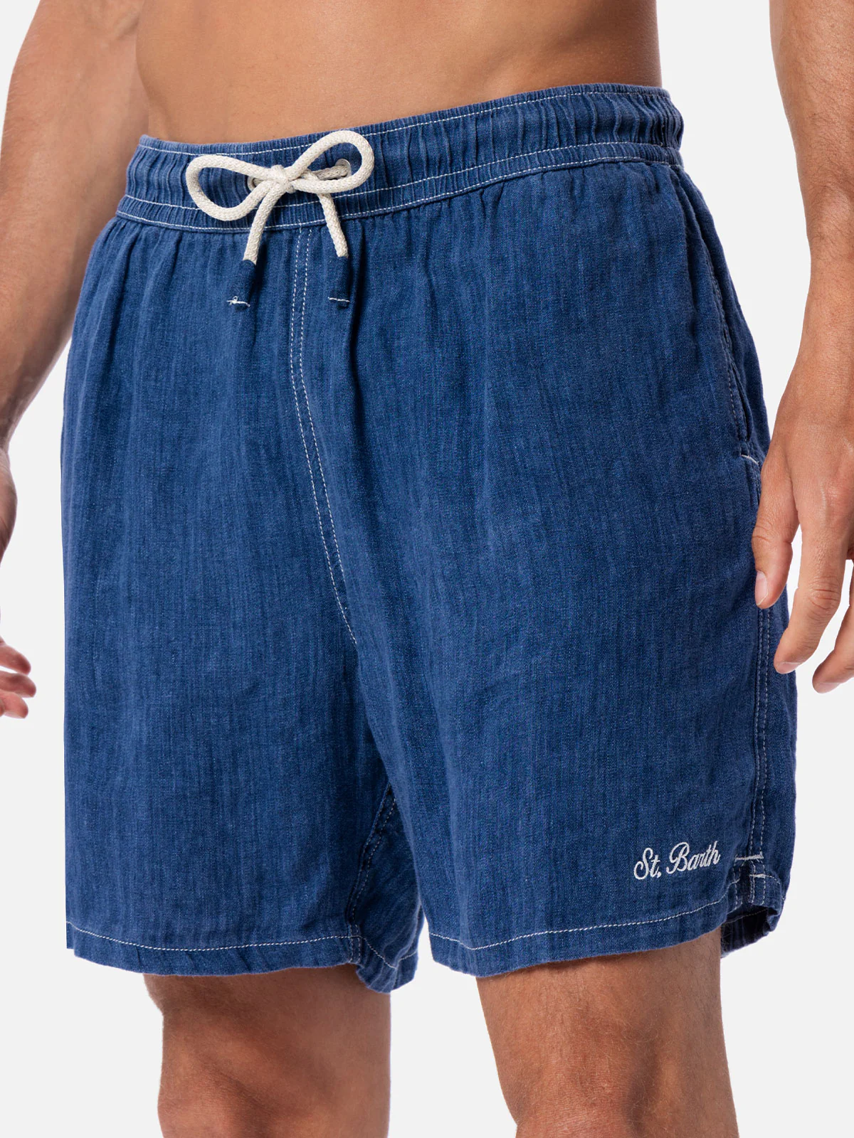 Man mid-length denim blue linen swim-shorts Gustavia - Image 4