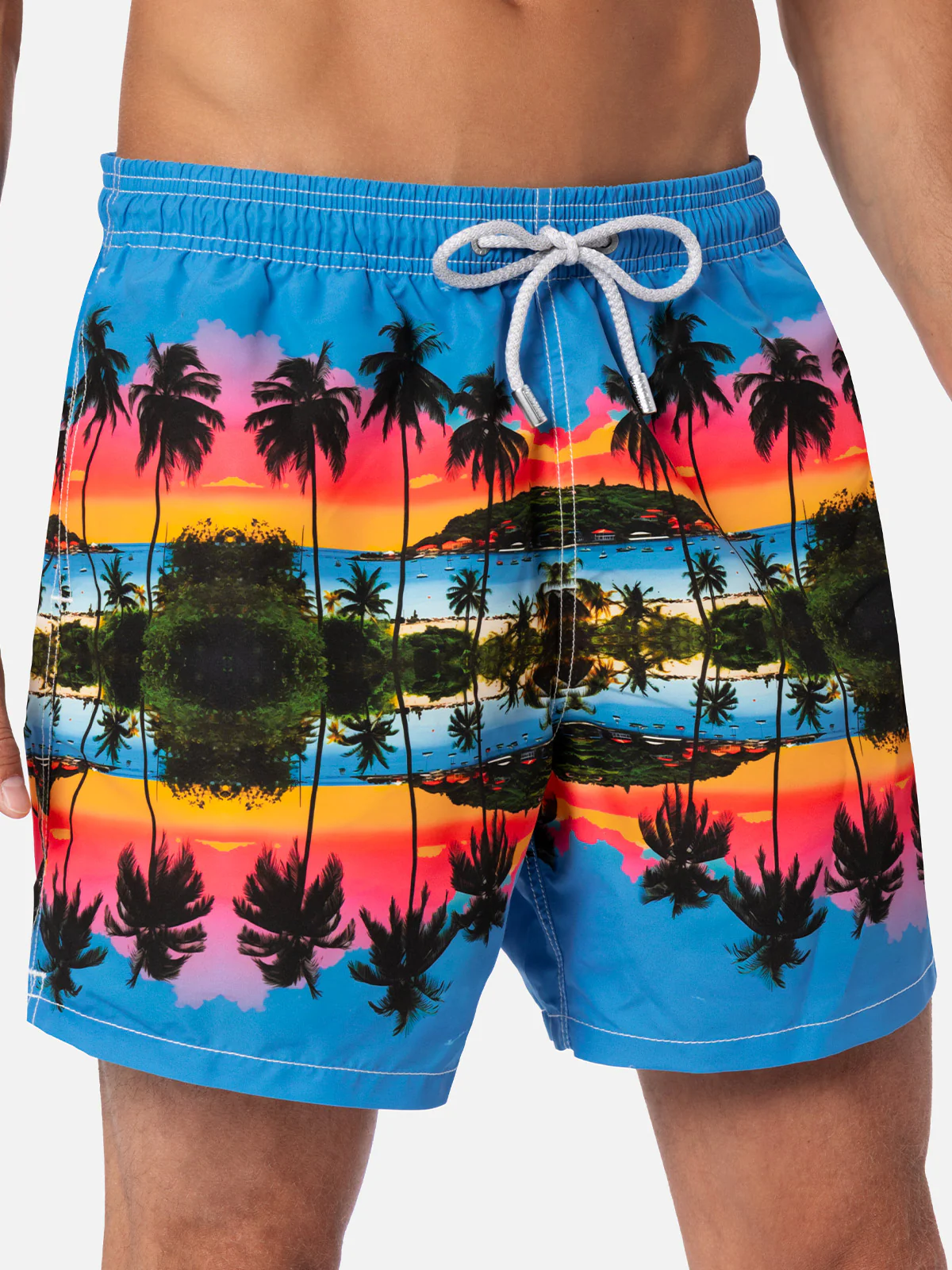 Man mid-length Gustavia swim-shorts with palms landscape placed print | AI CO-CREATED DESIGN BY RICKDICK - POWERED BY RED-EYE - Image 4