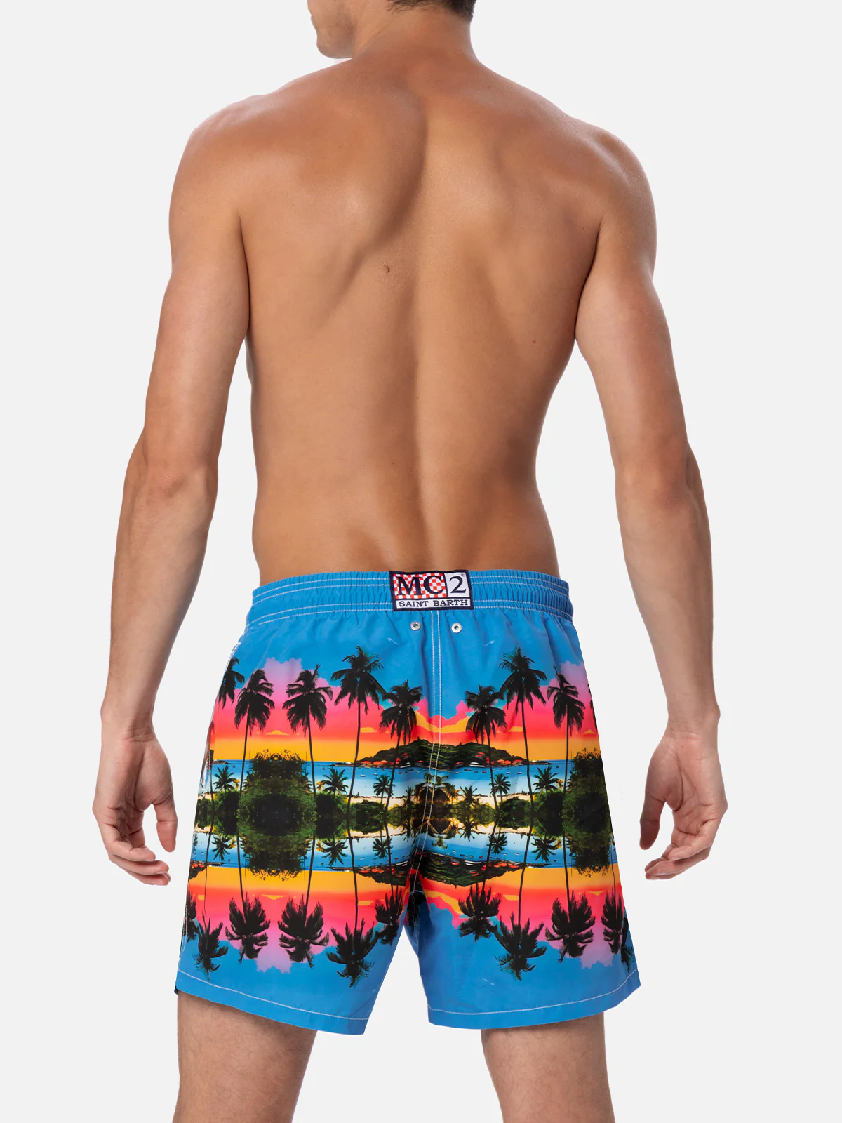 Man mid-length Gustavia swim-shorts with palms landscape placed print | AI CO-CREATED DESIGN BY RICKDICK - POWERED BY RED-EYE - Image 5