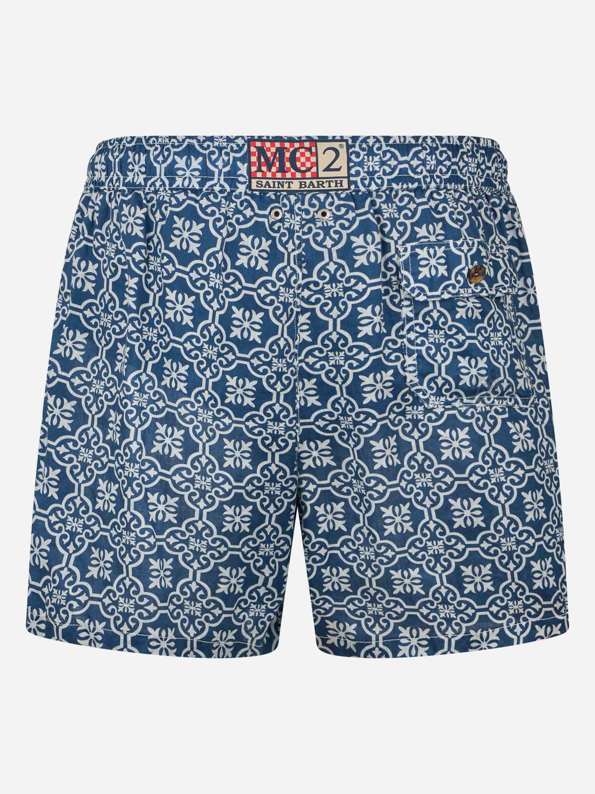 Man mid-length linen swim-shorts Gustavia with majolica print - Image 2