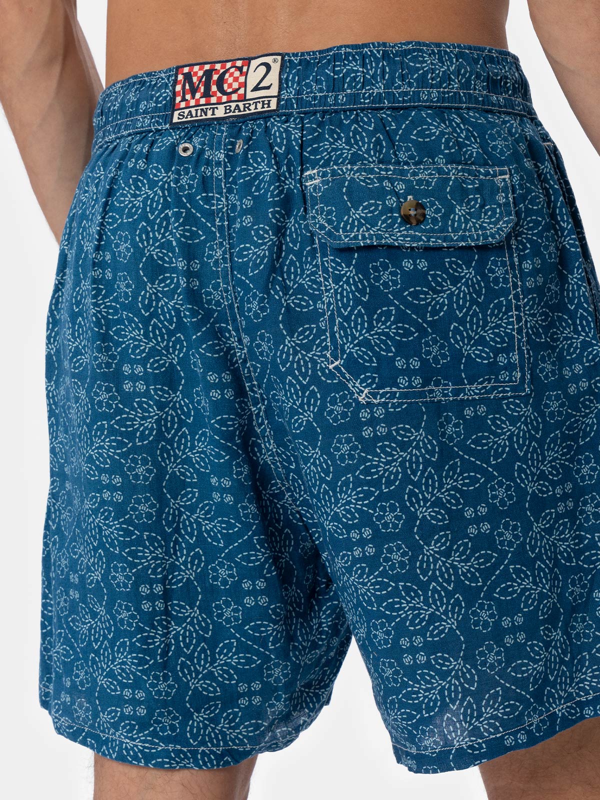 Man mid-length linen swim-shorts Gustavia with sashiko print - Image 3
