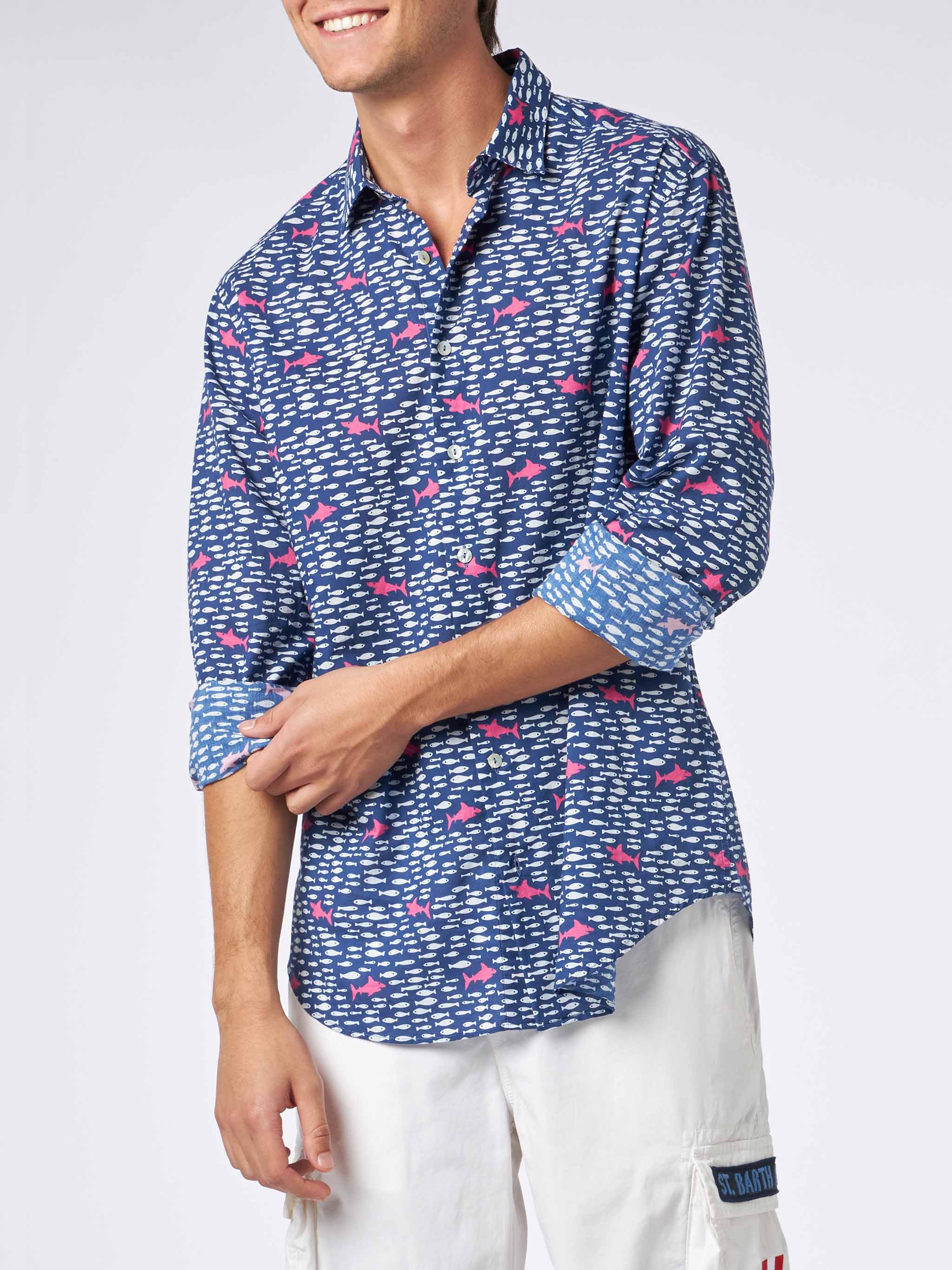Man muslin cotton Sikelia shirt with fish and shark print