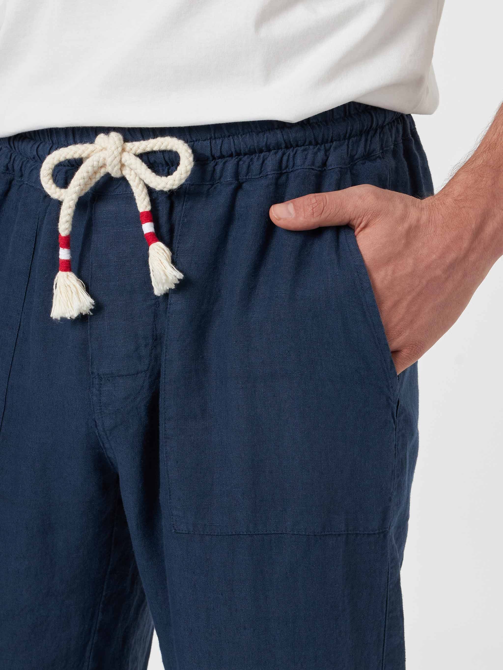 Man navy blue linen Calais pants with drawstring - Image 3