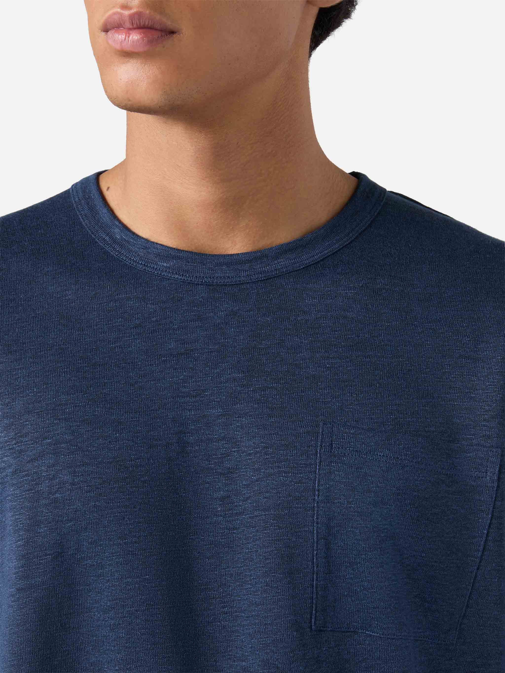 Man navy blue linen jersey t-shirt Ecstasea with pocket - Image 3
