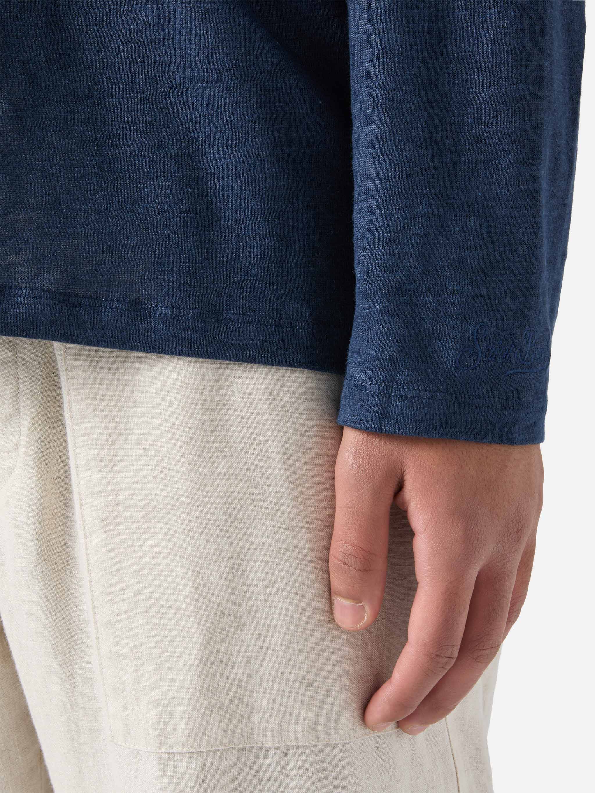 Man navy blue linen jersey t-shirt Ecstasea with pocket - Image 5