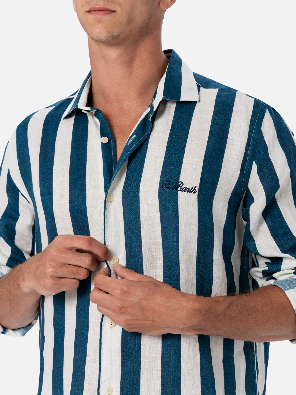 Man navy blue striped linen shirt Pamplona - Image 2