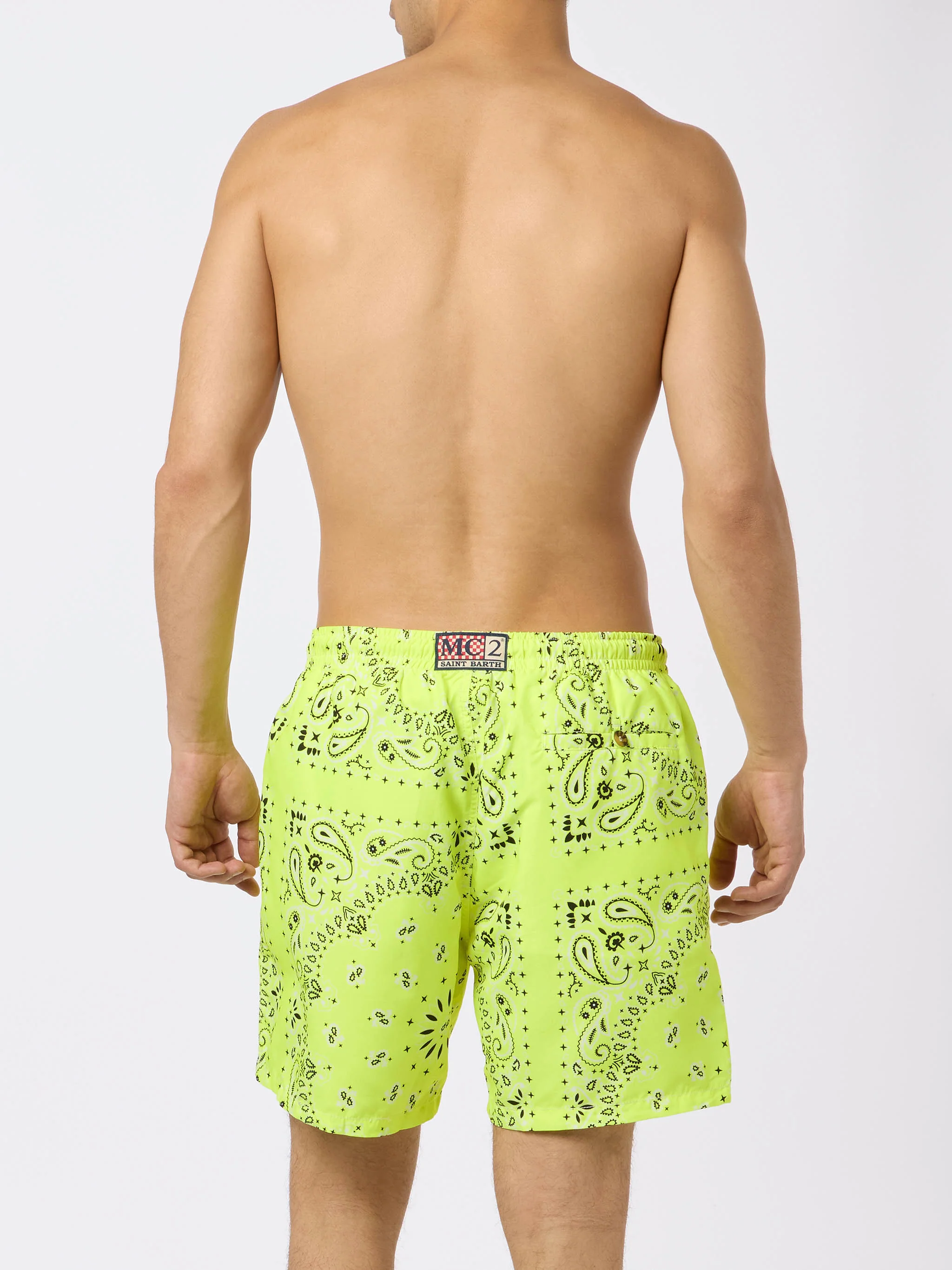 Man swim shorts with fluo yellow bandana print - Image 4