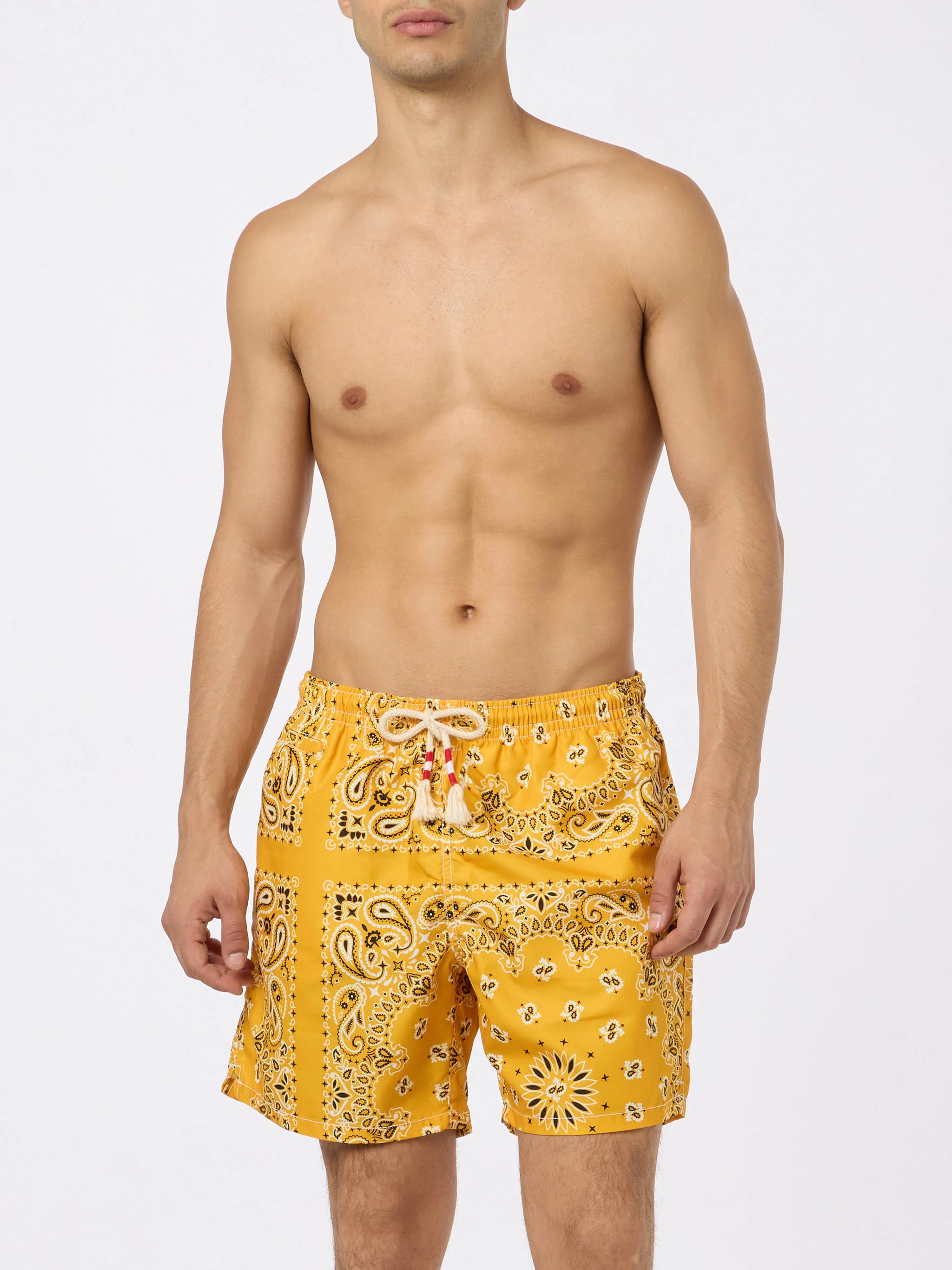 Man swim shorts with ochre bandanna print - Image 3