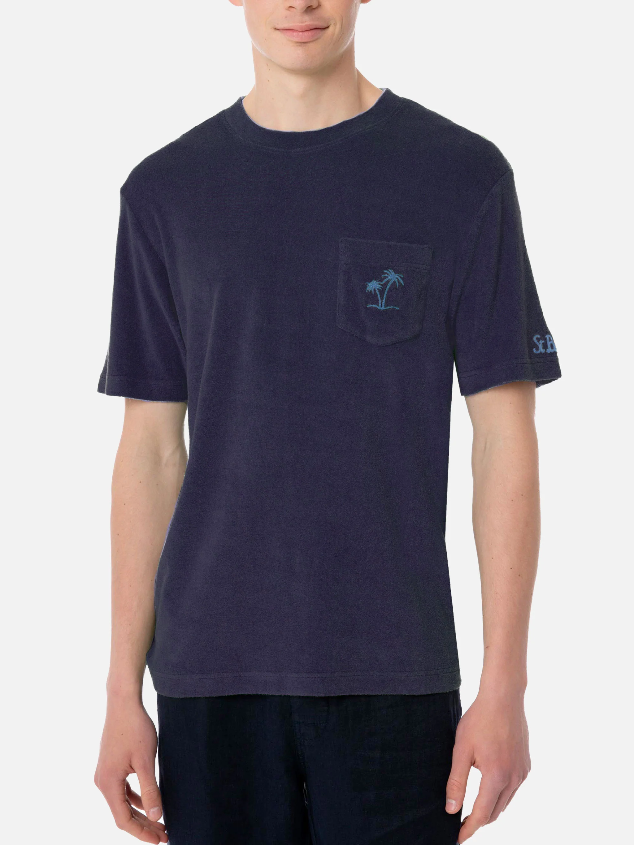 Man blue navy terry t-shirt with pocket - Image 2