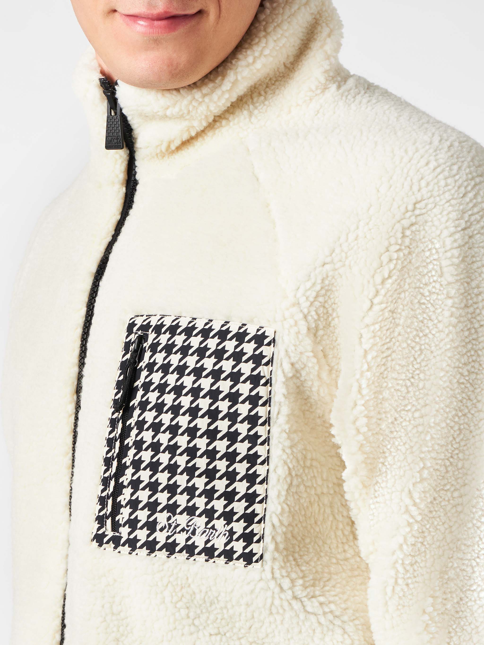 Man white sherpa jacket with check patch pockets - Image 3