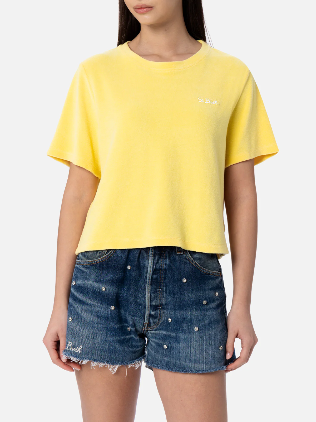Woman pale yellow terry cotton crewneck t-shirt Emilie - Image 2