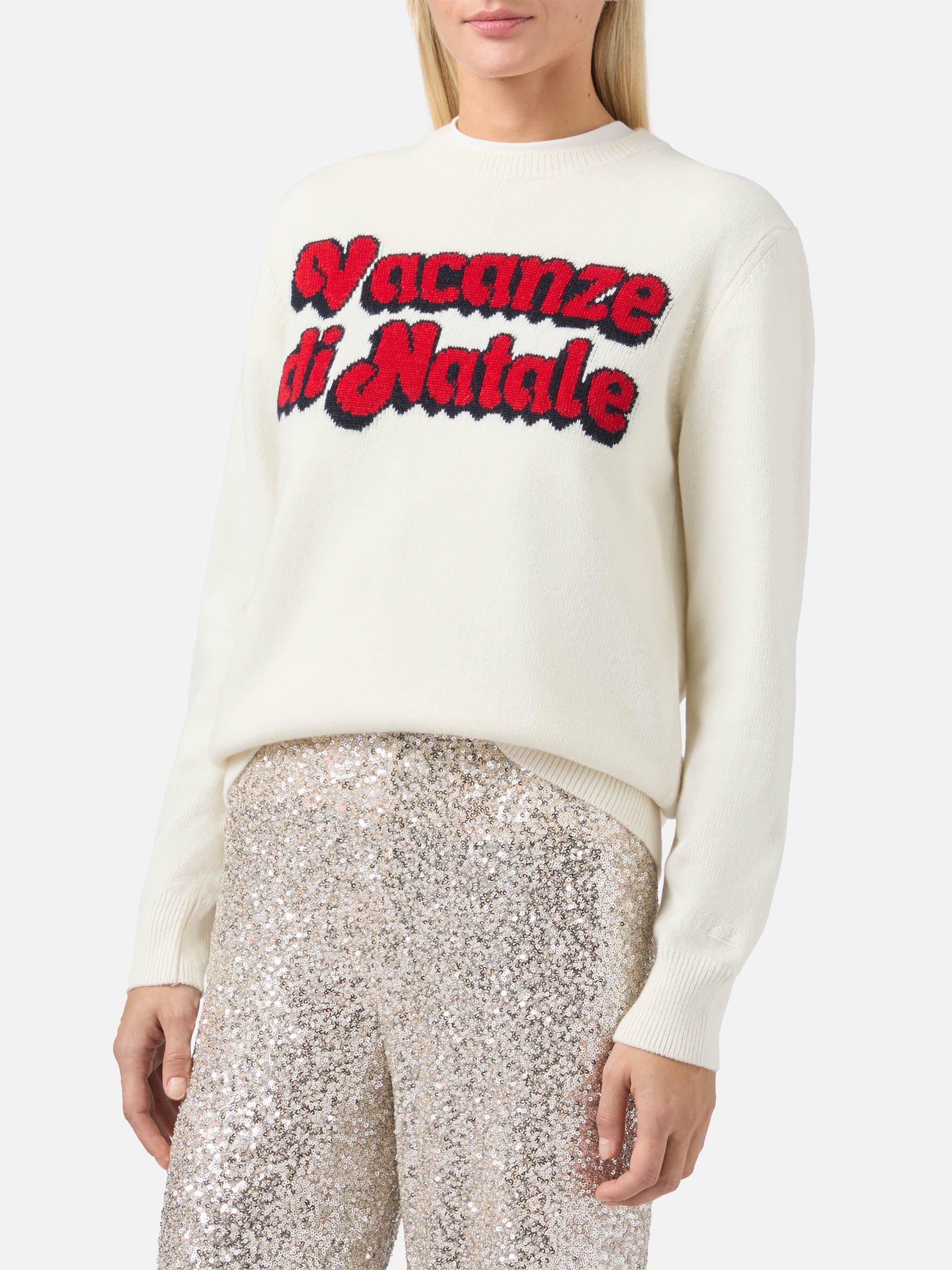 New Queen cashmere-blend crewneck in white with Vacanze di Natale jacquard | VACANZE DI NATALE SPECIAL EDITION