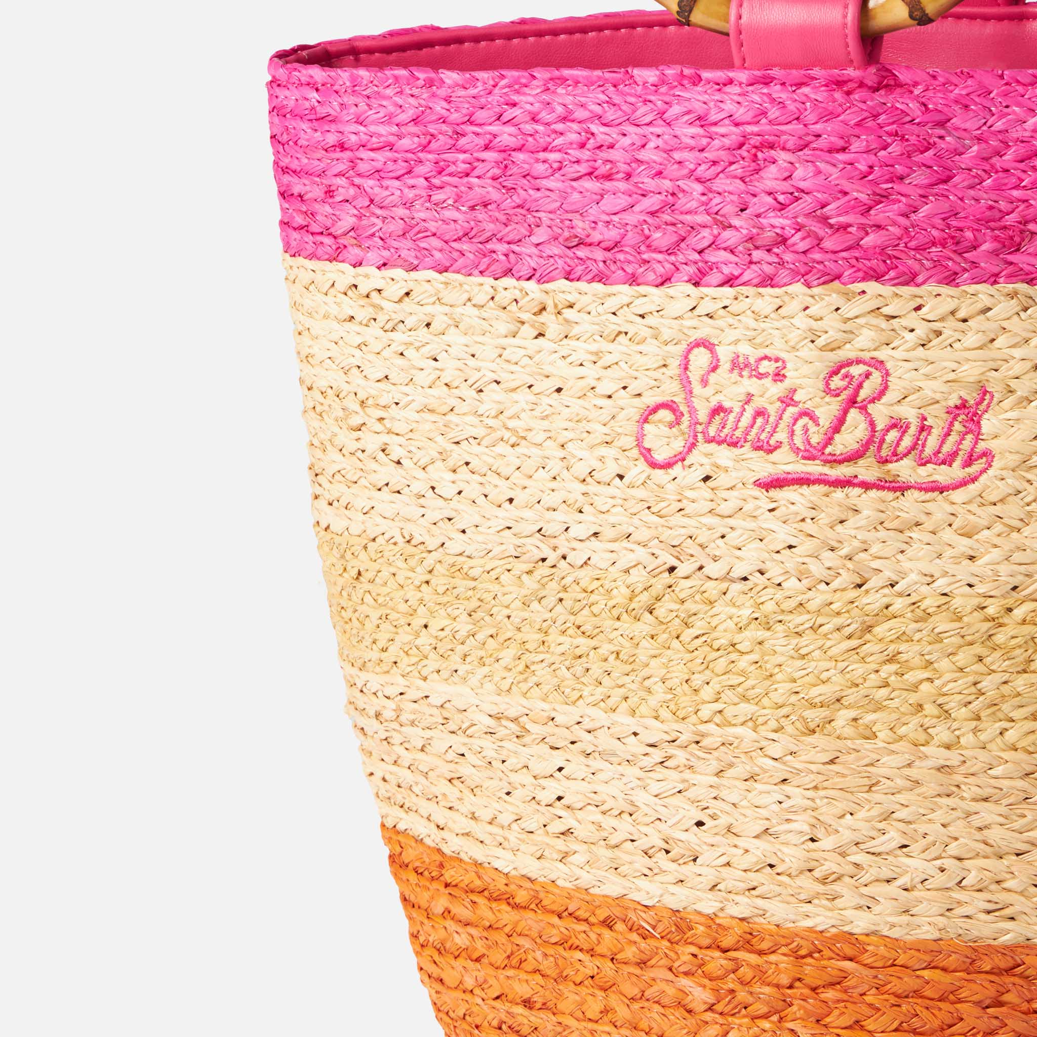 Raffia multicolor bucket bag with bamboo handles - Image 4