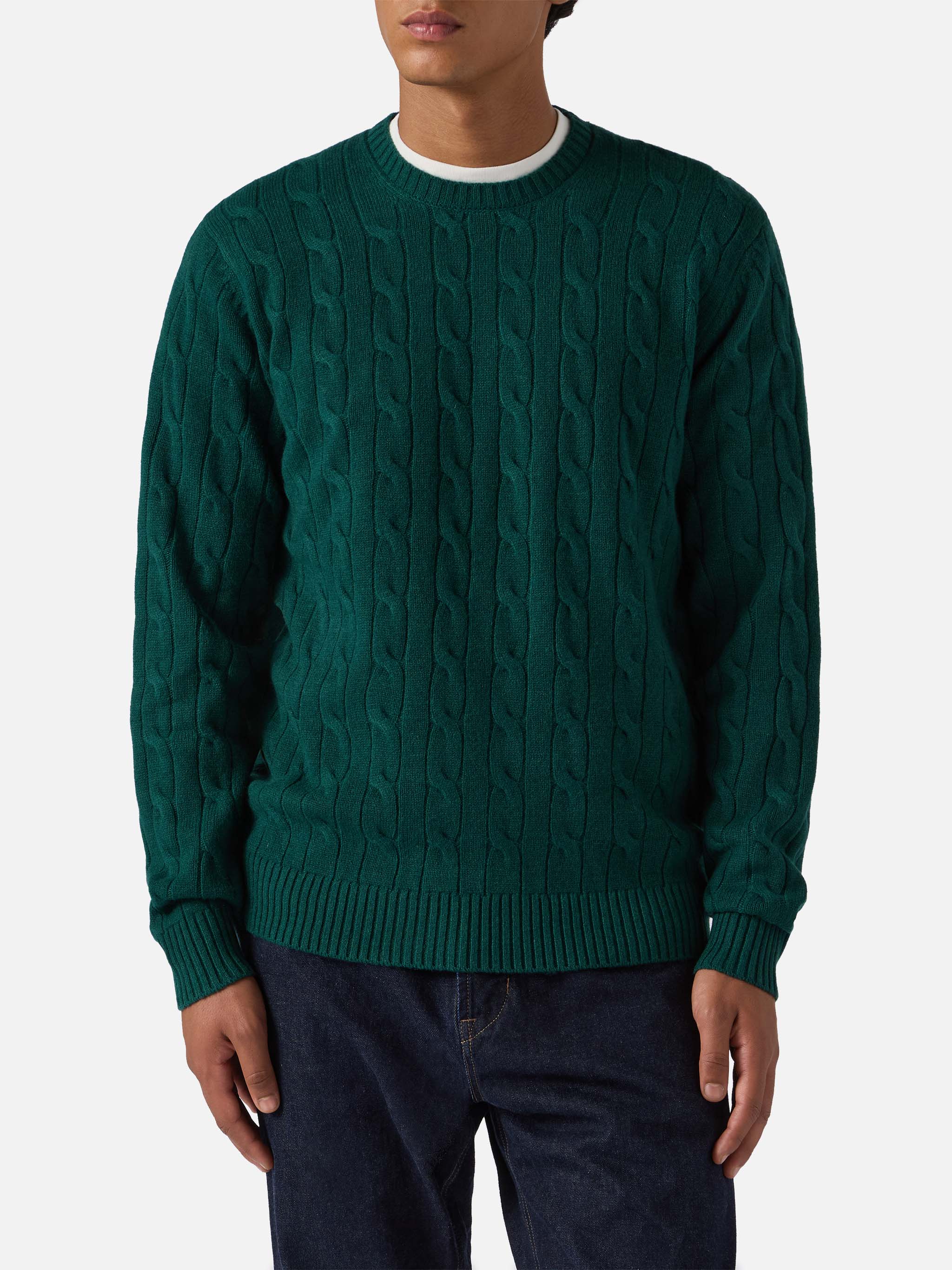 Crewneck cable-knit sweater Regent in British green 100% WOOL