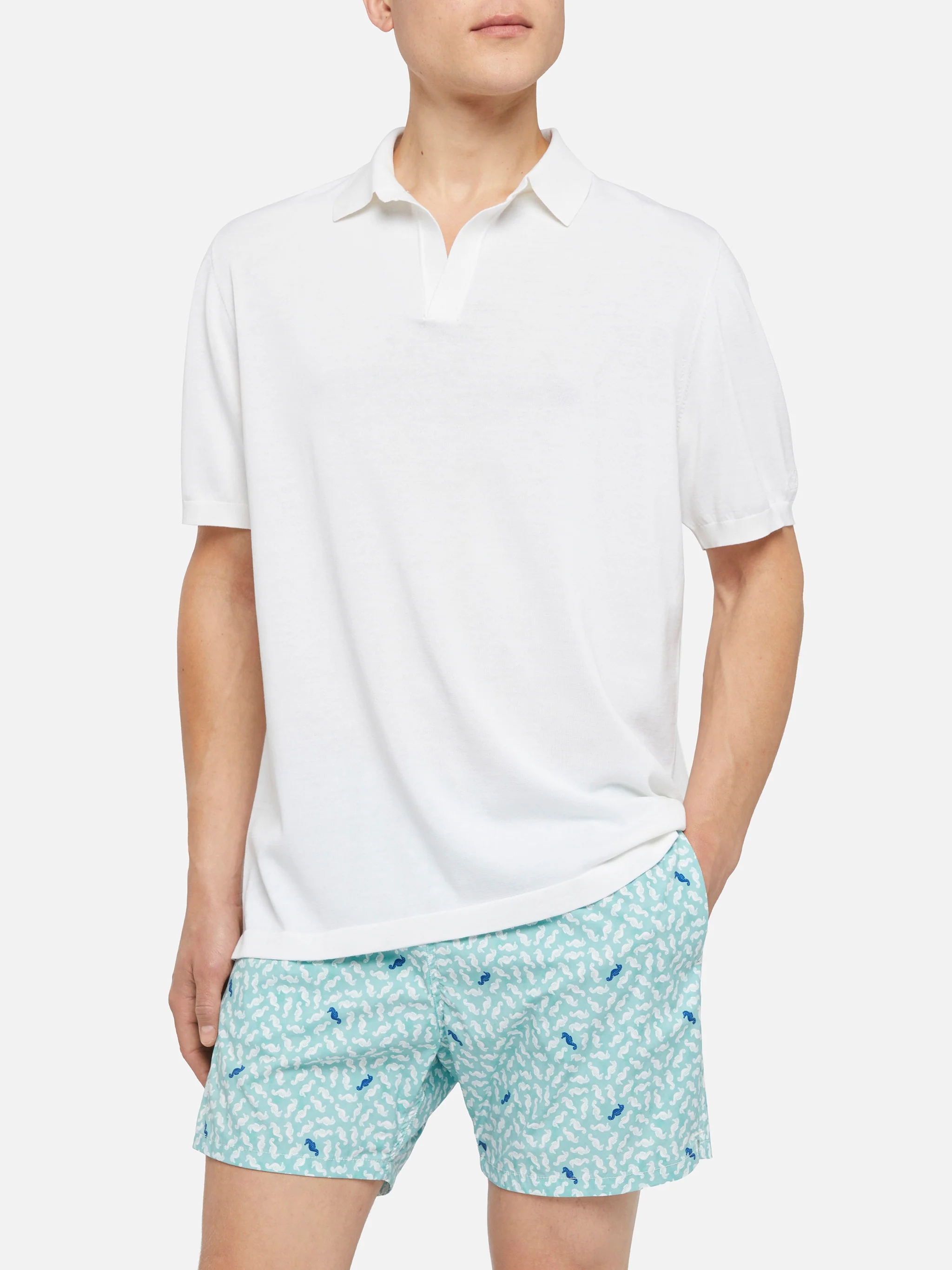 Sloan white silk cotton knitted polo shirt