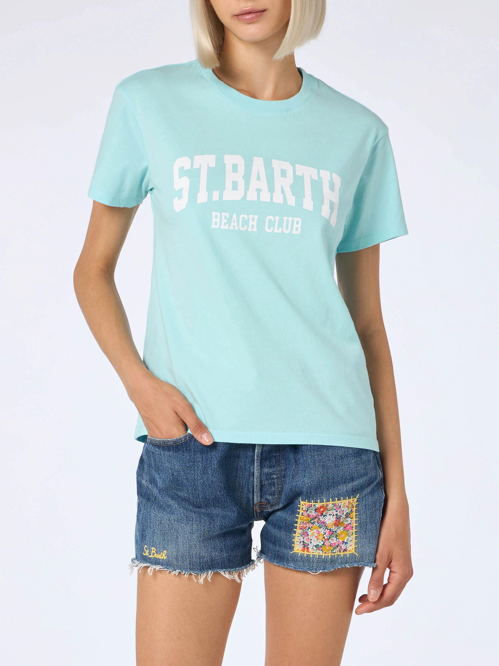 Woman cotton jersey crewneck t-shirt Emilie with St. Barth beach club print