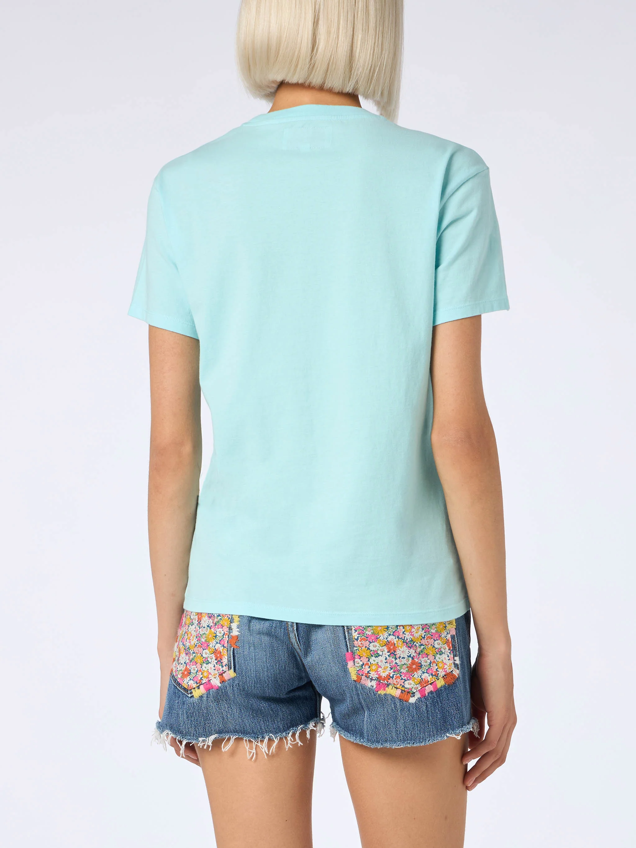 Woman cotton jersey crewneck t-shirt Emilie with St. Barth beach club print - Image 3