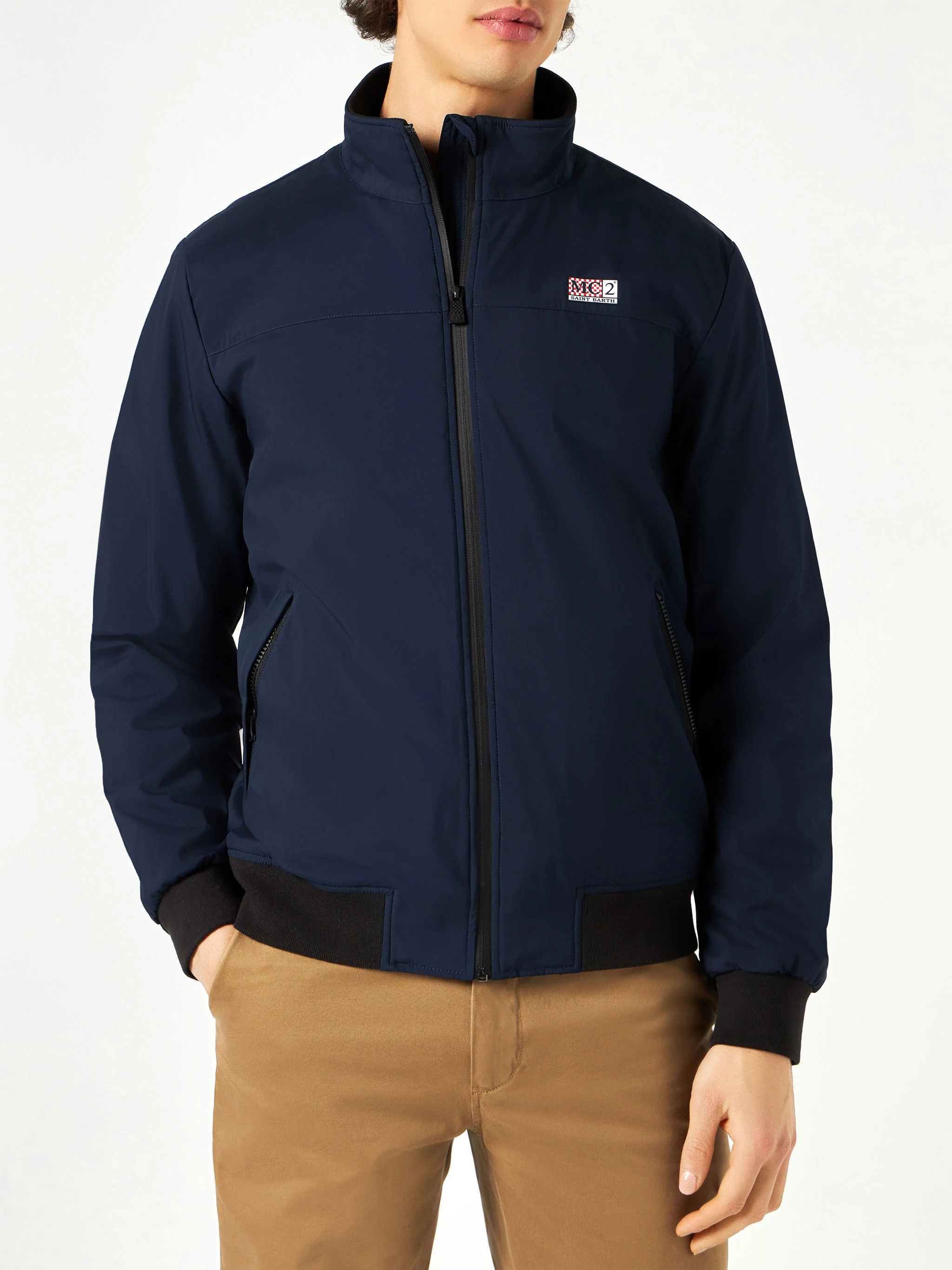 Man blue bomber jacket Country with furry lining