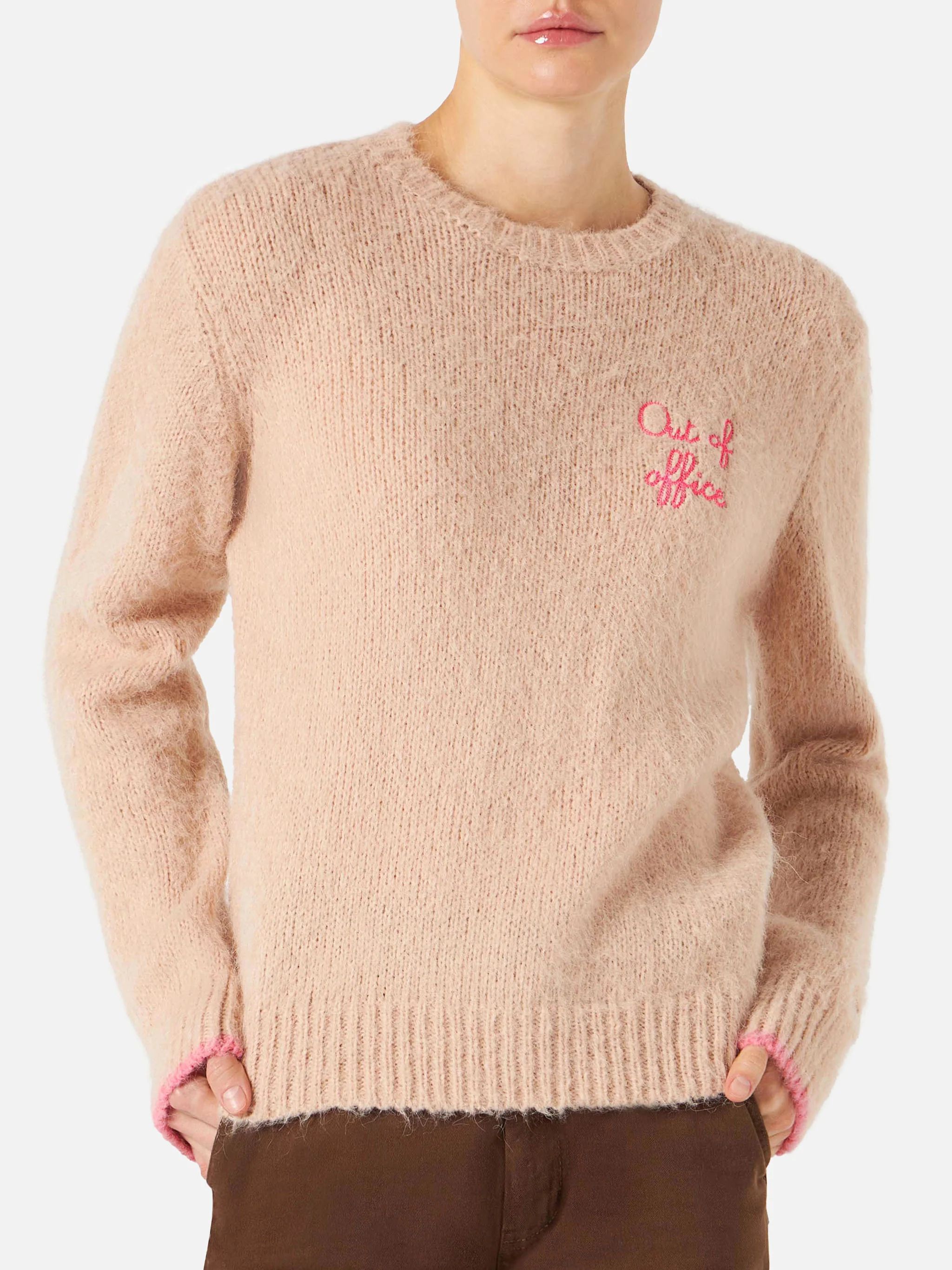 Woman beige brushed sweater with embroidery - Image 2