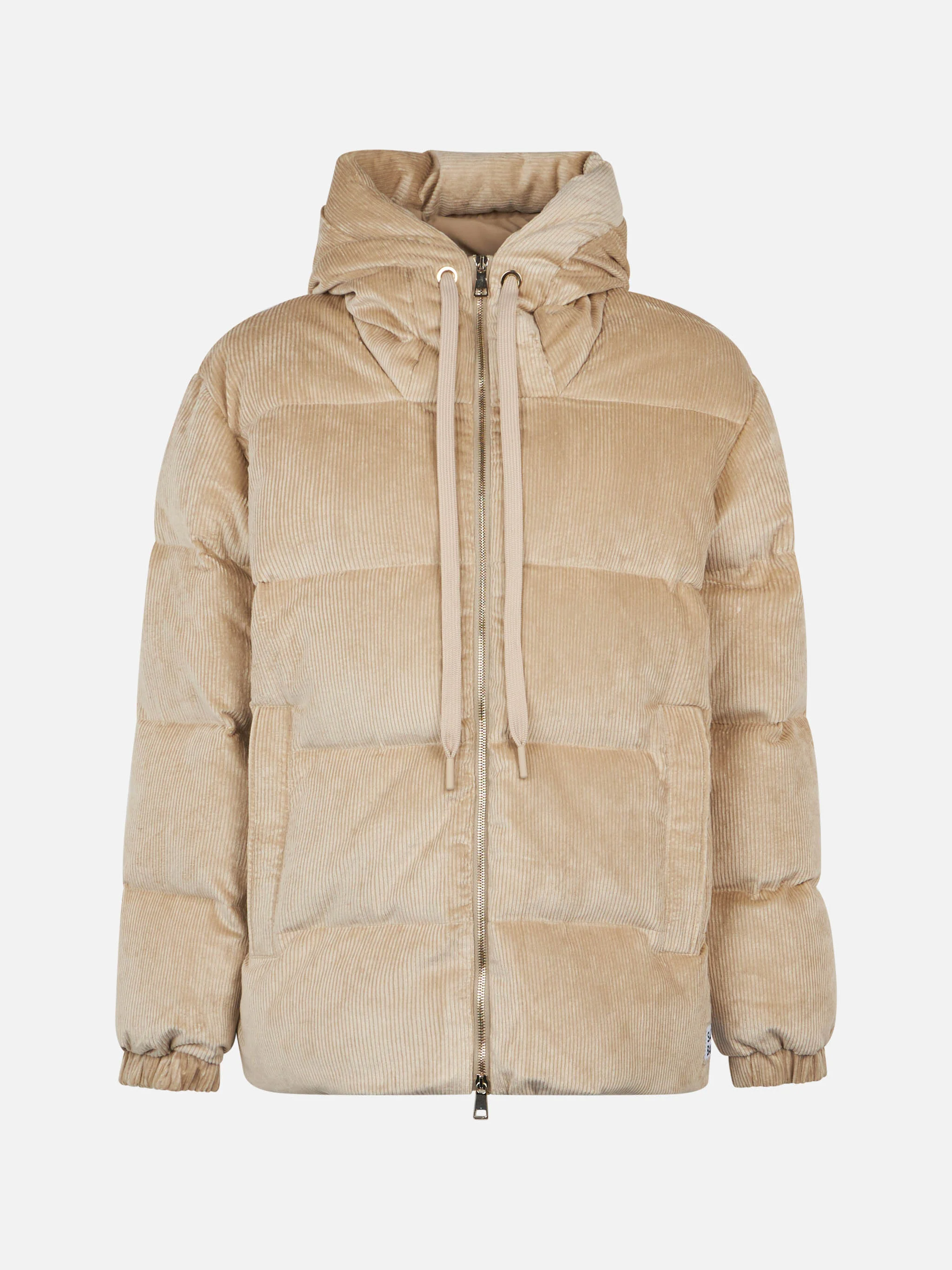 Woman beige corduroy down padded jacket with hoodie - Image 4
