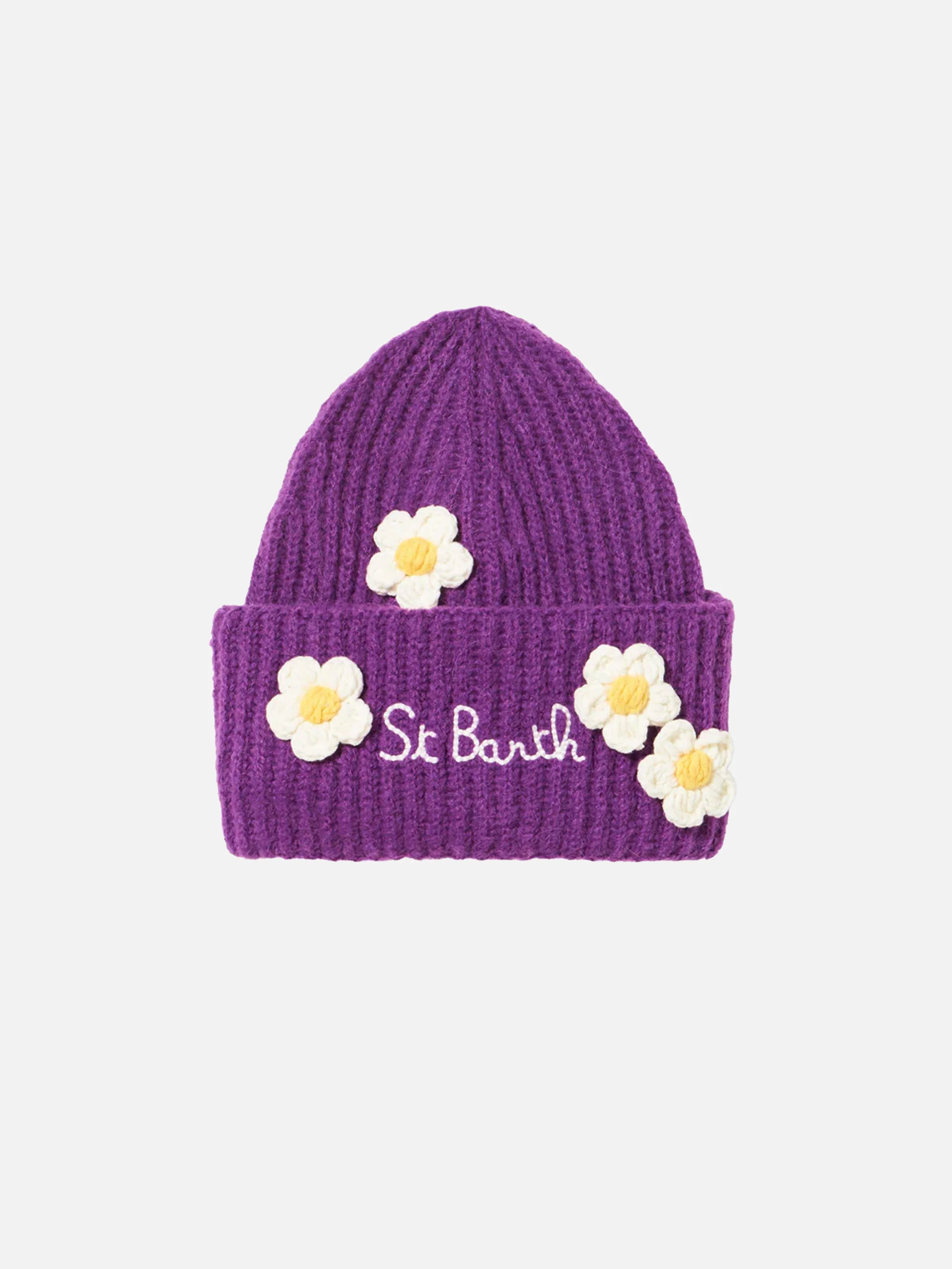 Woman brushed and ultra soft beanie with daisies appliqués
